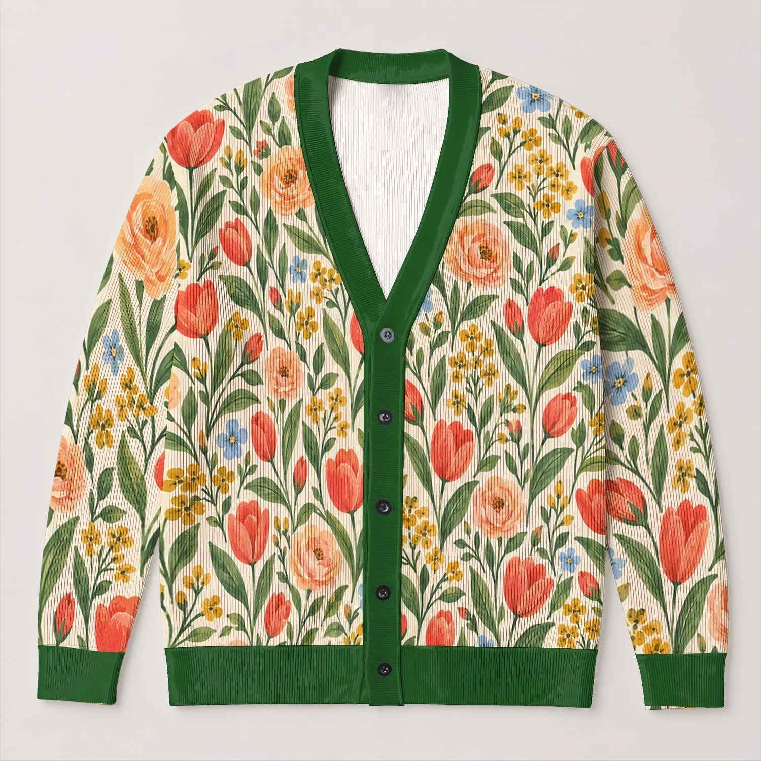 Red Tulip Floral Garden for Spring Vacation Style and Relaxed Everyday Layering for Women All-over Print Knitted Cardigan - 1