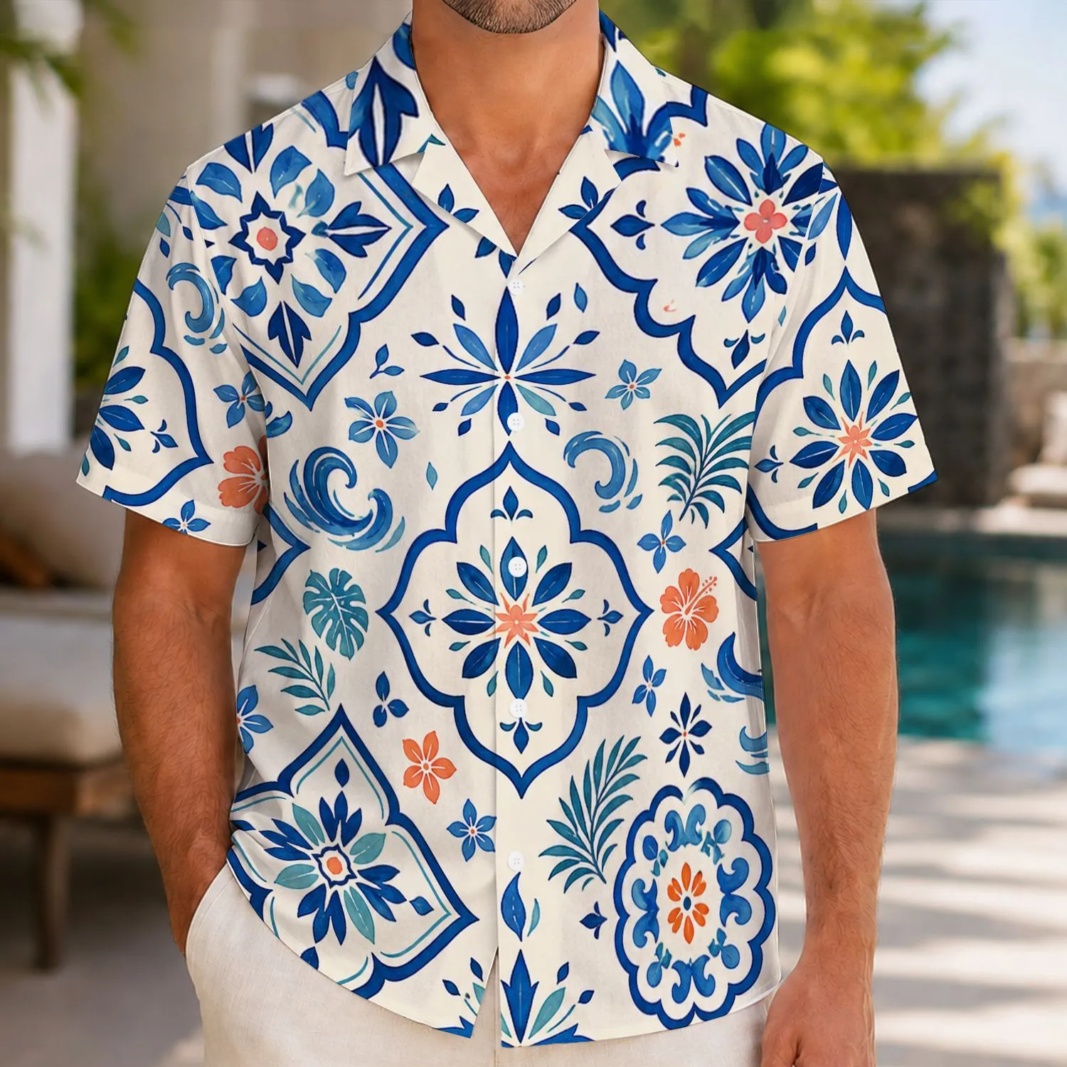 Blue Mediterranean Tile Motifs For Coastal Vacations And Coordinated Couple Resort Looks Hawaiian Shirt - 1