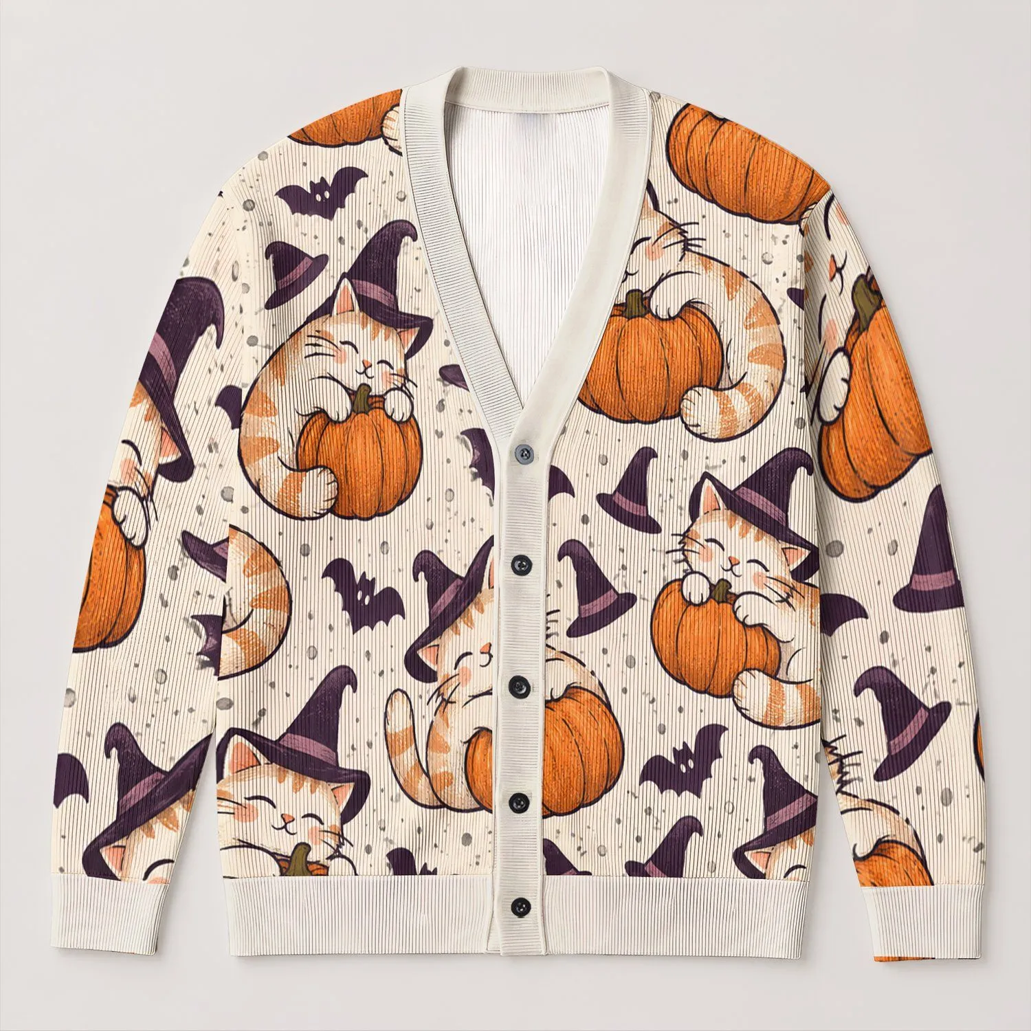 Whimsical Cat Hugging Pumpkin Halloween Cozy Autumn Gift For Cat Lovers Women All-over Print Knitted Cardigan - 1