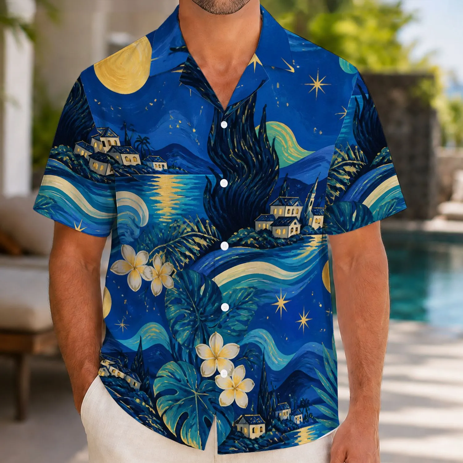 Cobalt Starry Night Swirls for Summer Lounging, Couples’ Getaways, and Gift Giving Hawaiian Shirt - 1