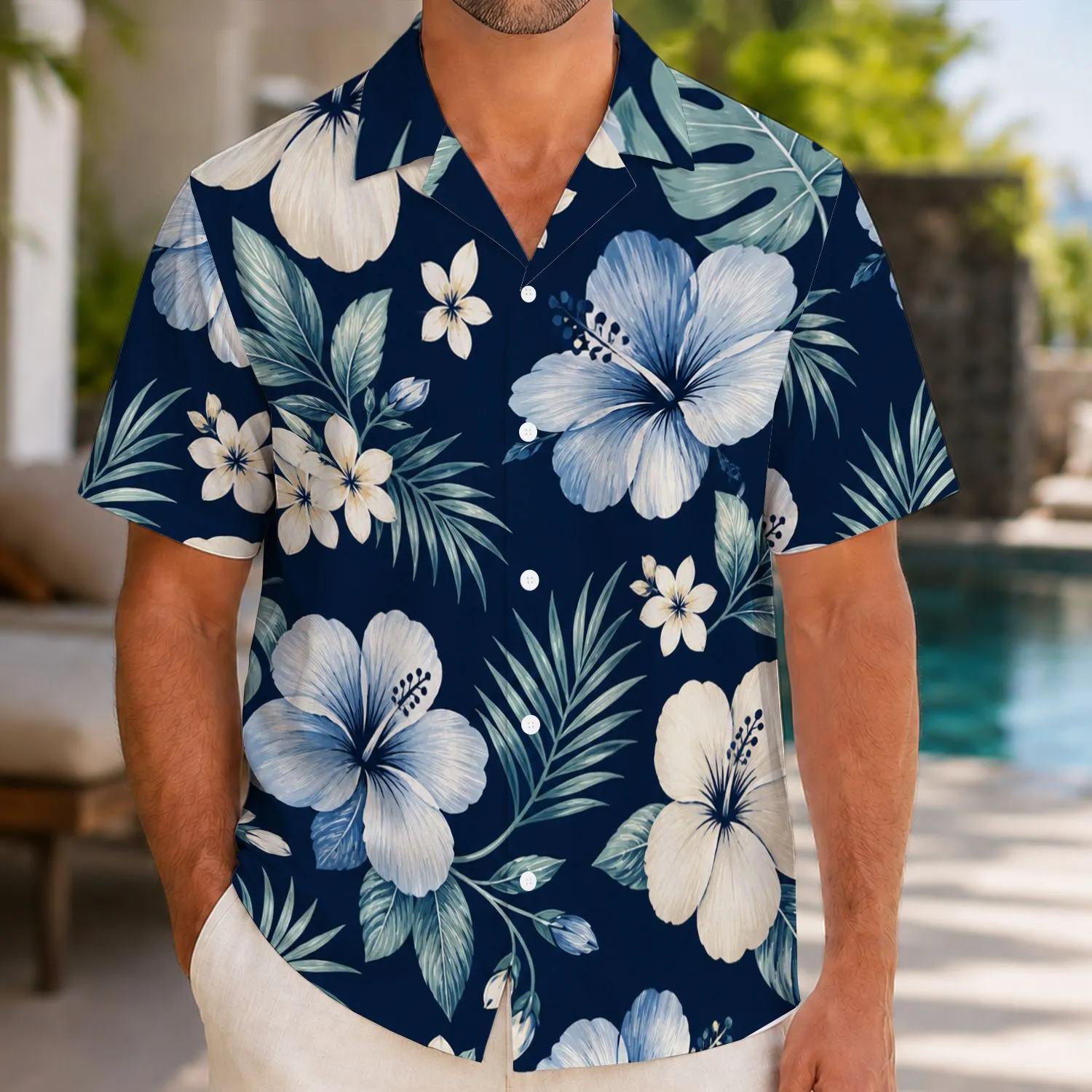 Navy Blue Hibiscus Floral Couple Outfit for Tropical Vacations and Resort Getaways Hawaiian Shirt - 1