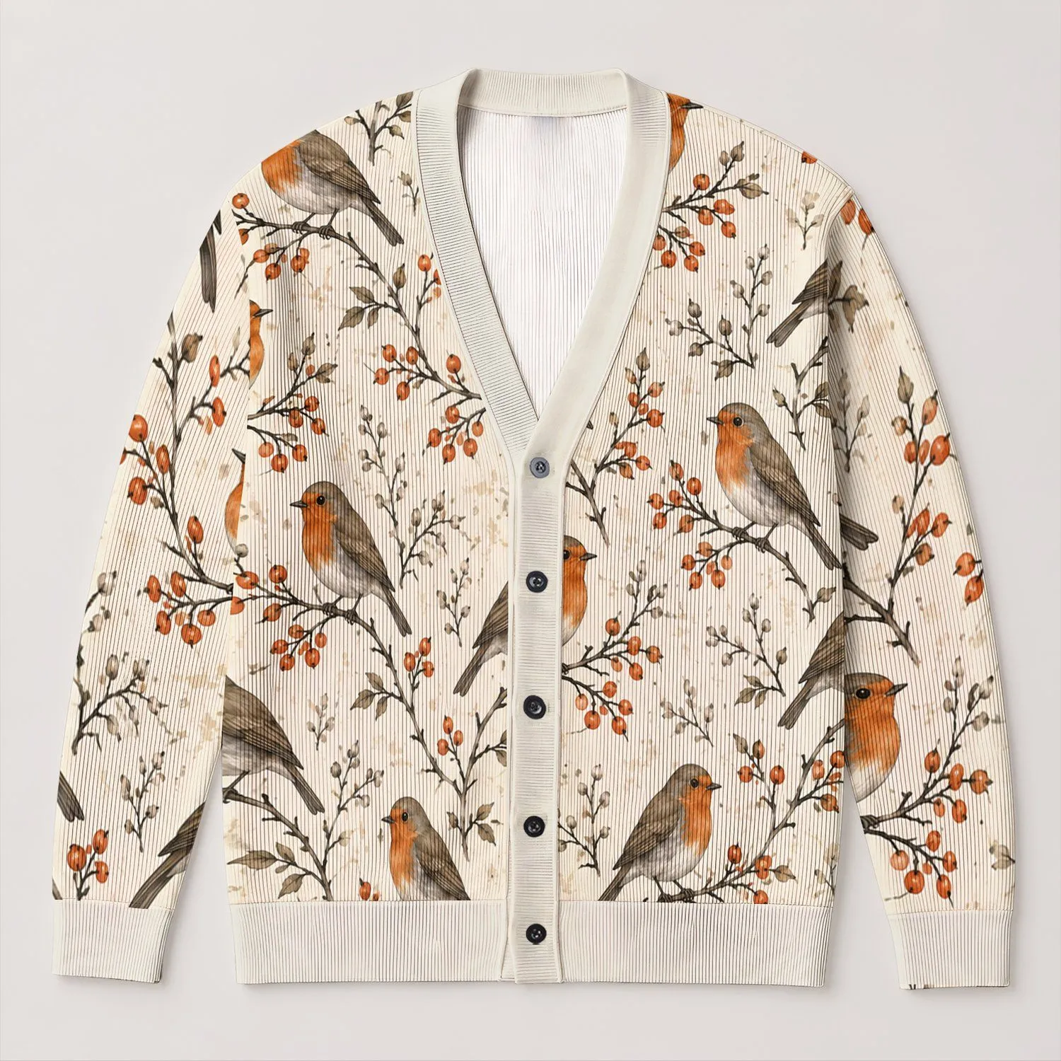 Watercolor Robin Bird Motif for Cozy Nature-Inspired Layering on Casual Weekend Days All-over Print Knitted Cardigan - 1