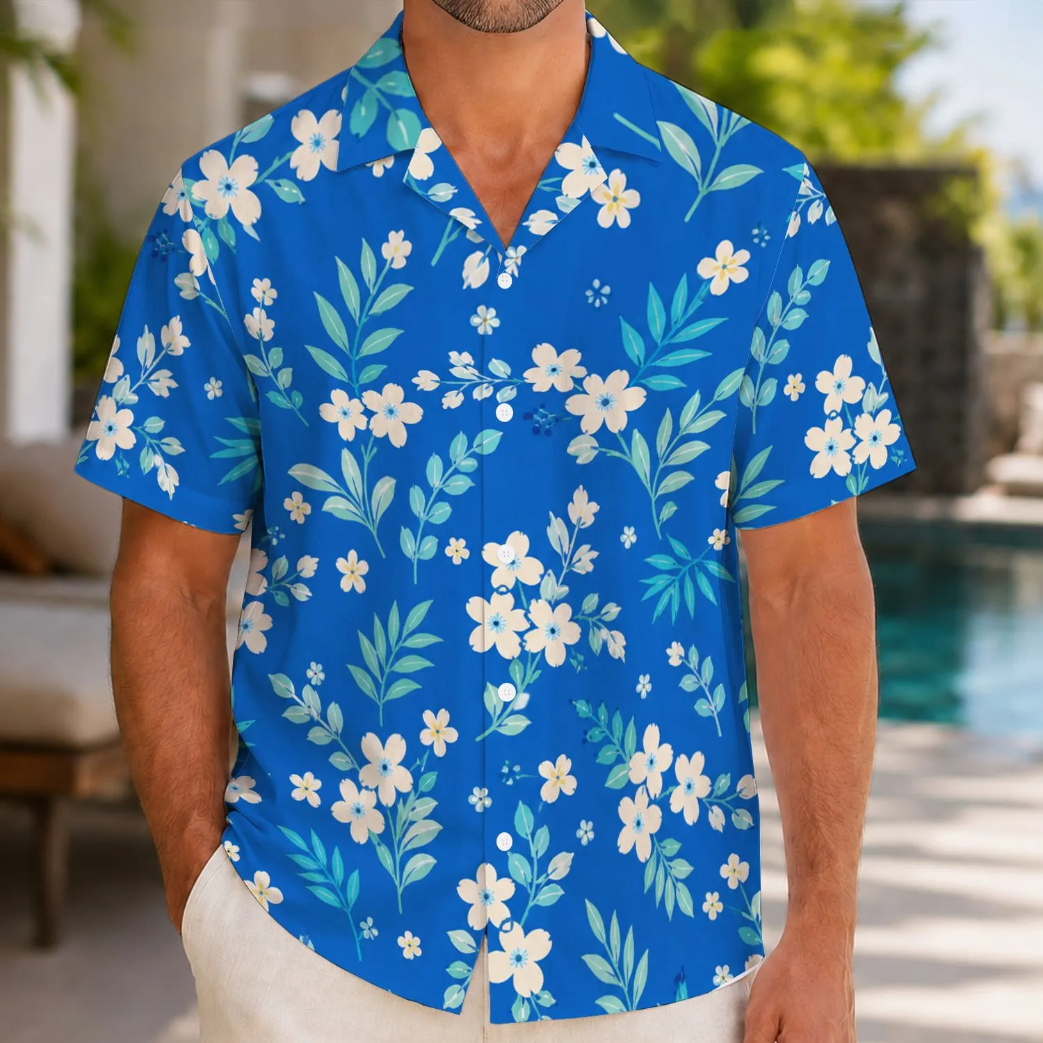 Cobalt Blue Micro-Flower Golf Couple Motif for Matching Resort Vacation Outfits Together Hawaiian Shirt - 1