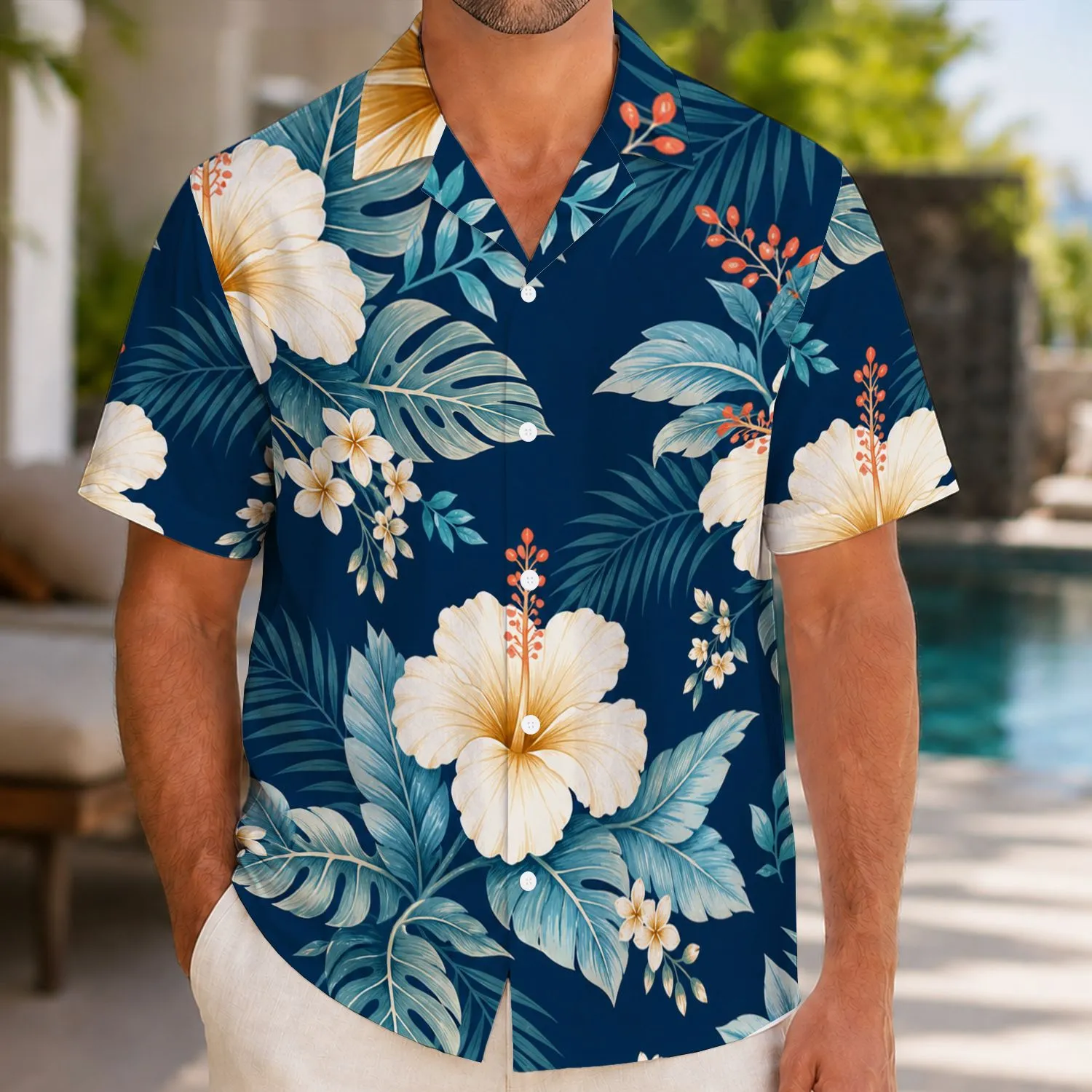 Navy Blue Hibiscus Floral Couple Look for Tropical Vacations and Beach Getaways Together Hawaiian Shirt - 1