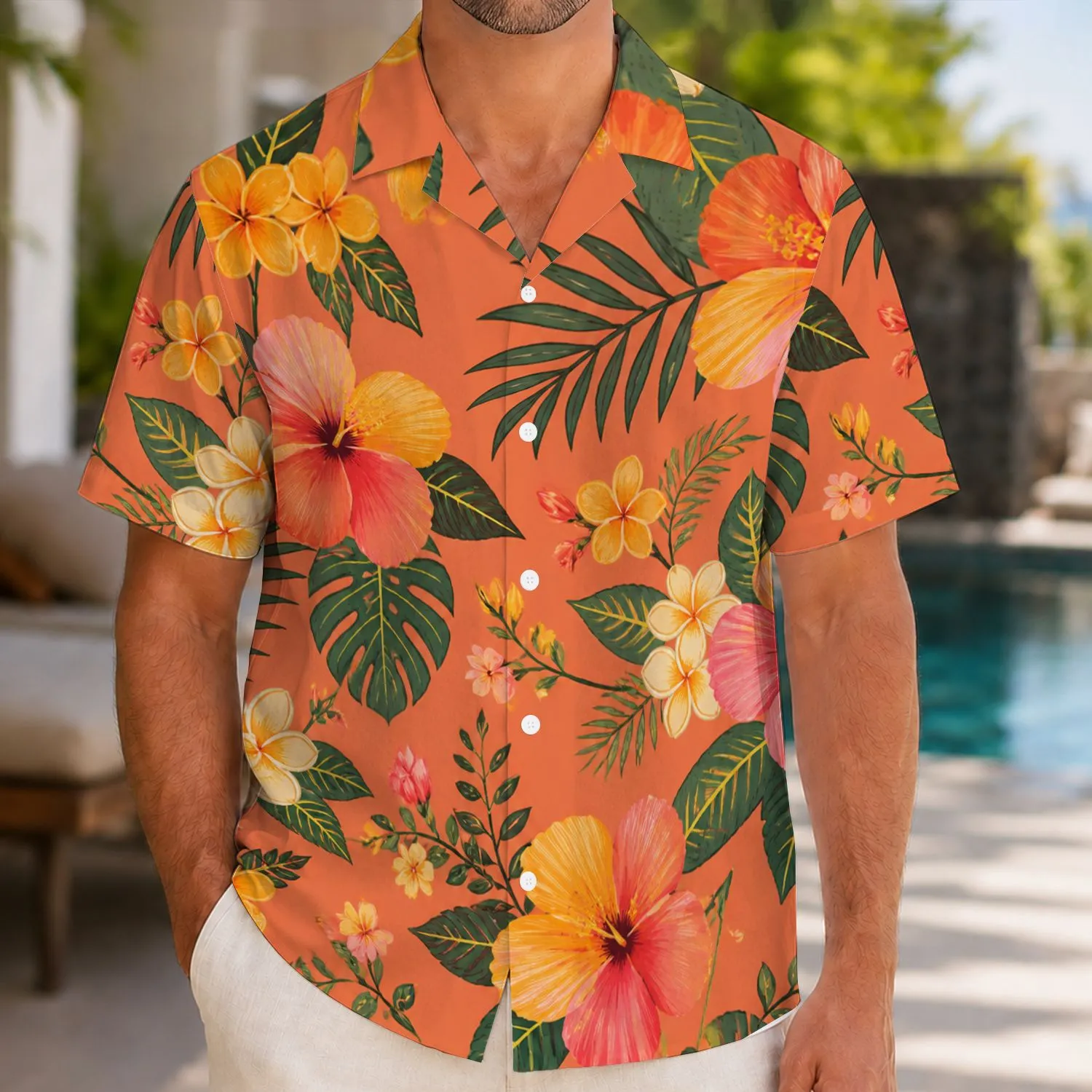 Coral Tropical Flowers for Poolside Vacations and Matching Couples Resort Holiday Style Hawaiian Shirt - 1