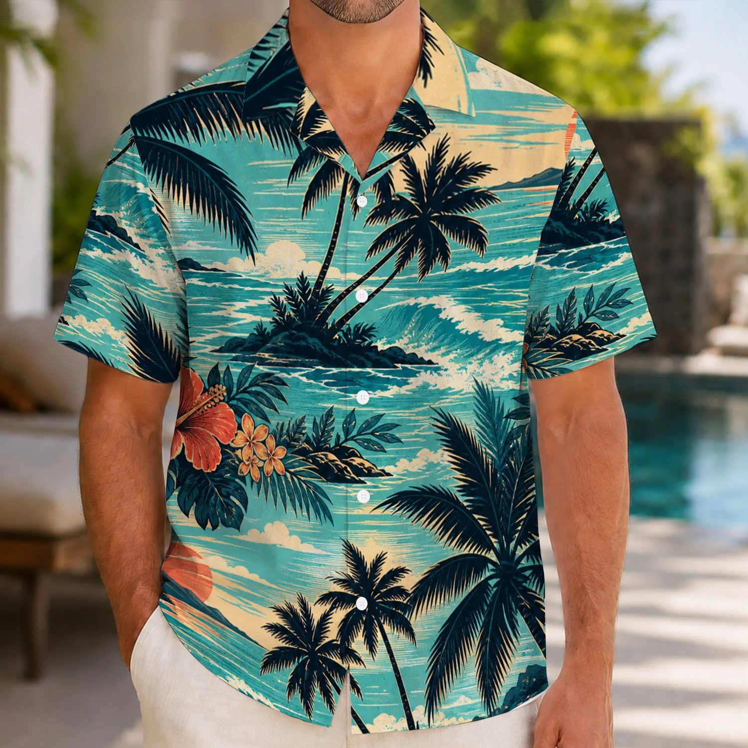 Tropical Palm Sunset Ocean Scene for Beach Vacations and Island Getaways for Men Hawaiian Shirt - 1