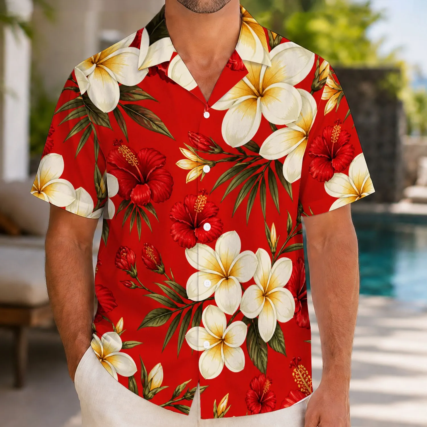 Red Plumeria Hibiscus Tropical Vacation Style for Men, Luau Parties and Island Getaways Hawaiian Shirt - 1