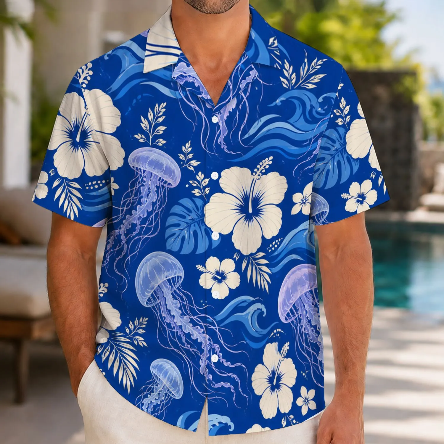 Blue Jellyfish Hibiscus Ocean Vacation Gift for Beach Lovers, Sea Life Fans, Adults Hawaiian Shirt - 1