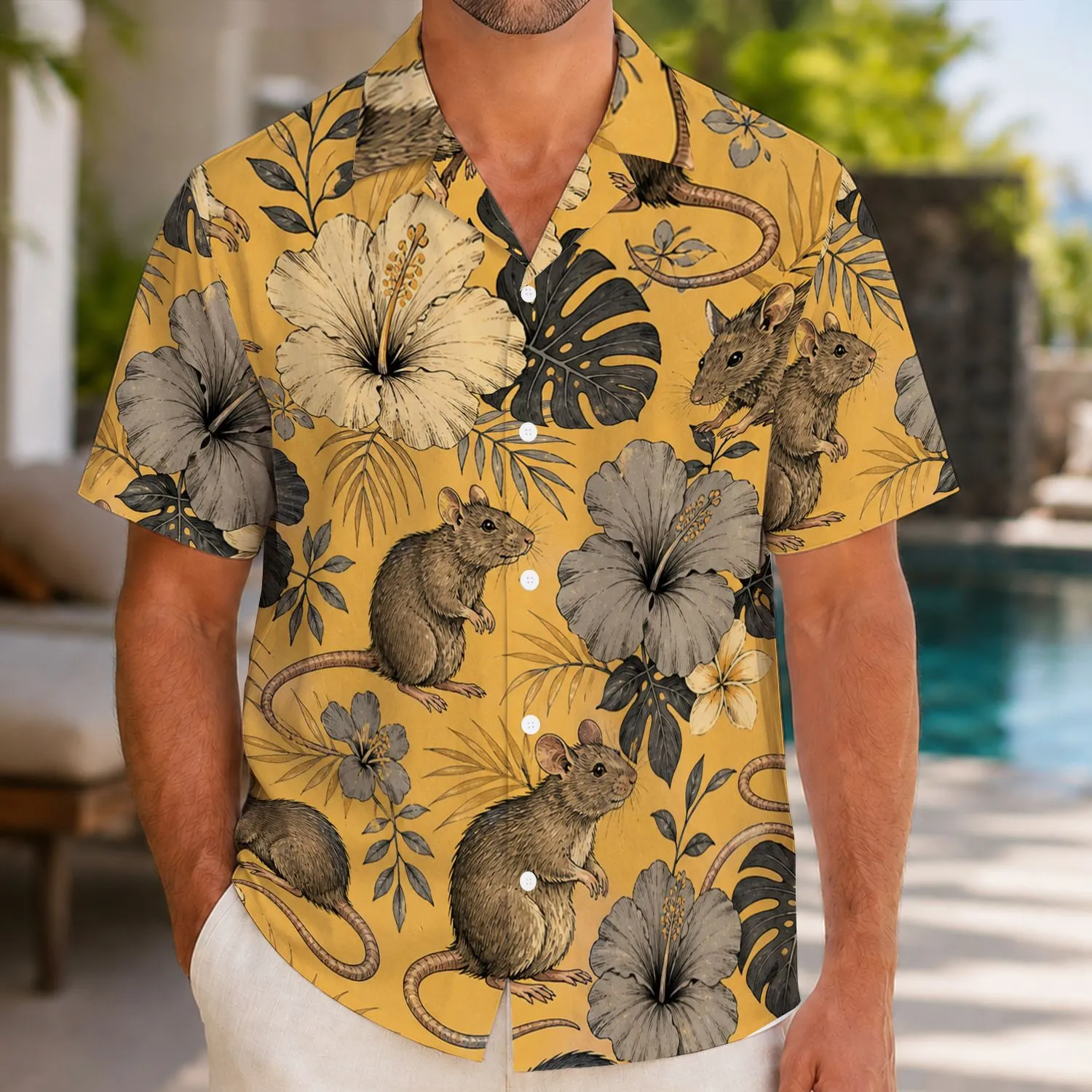 Black Rat And Hibiscus Tropical Motifs For Island Vacations, Beach Days, And Rat Lovers Hawaiian Shirt - 1