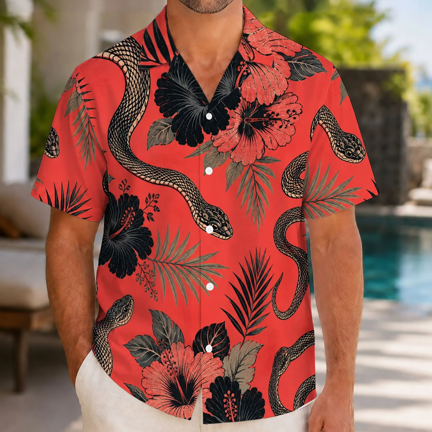 Coiled Snake and Hibiscus Island Escape Motif for Beach Vacations and Jungle Lovers Hawaiian Shirt - 1