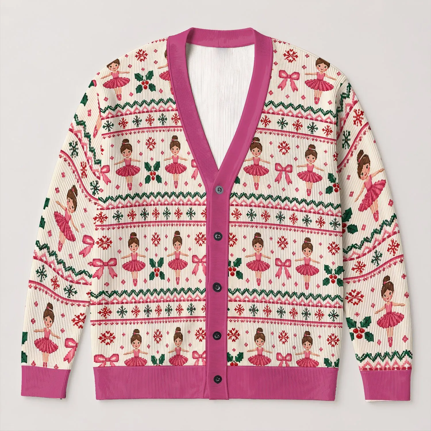 Christmas Ballerina and Bow Holiday Dance Style for Ballet Lovers and Festive Celebrations All-over Print Knitted Cardigan - 1