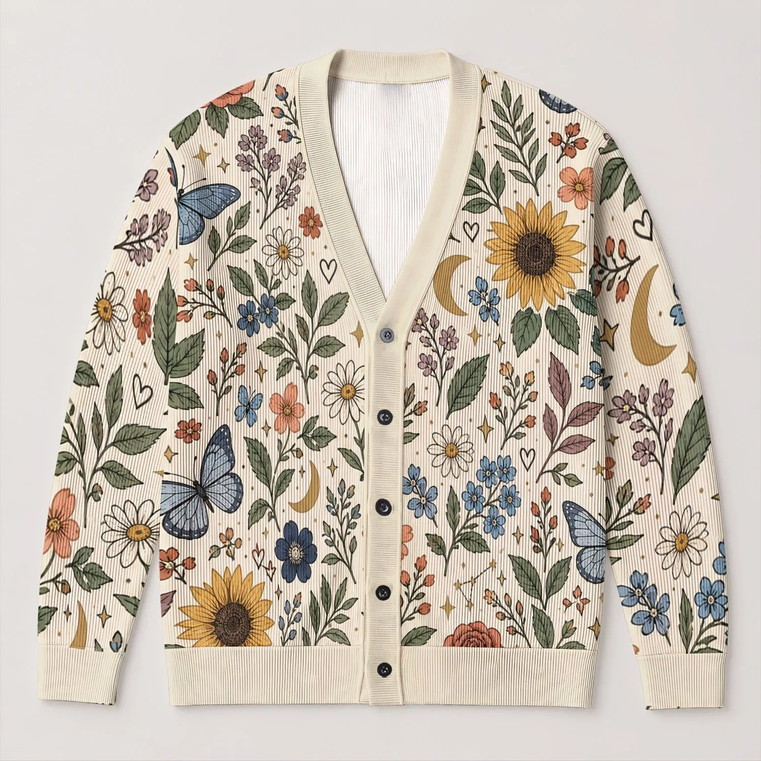 Floral Butterfly Moon Botanical Motifs For Autumn Layering In Casual Women's Style All-over Print Knitted Cardigan - 1