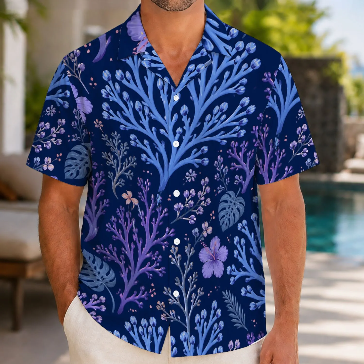 Blue Coral Branches for Coastal Vacations and Resort Evenings Ocean Botanical Style Hawaiian Shirt - 1