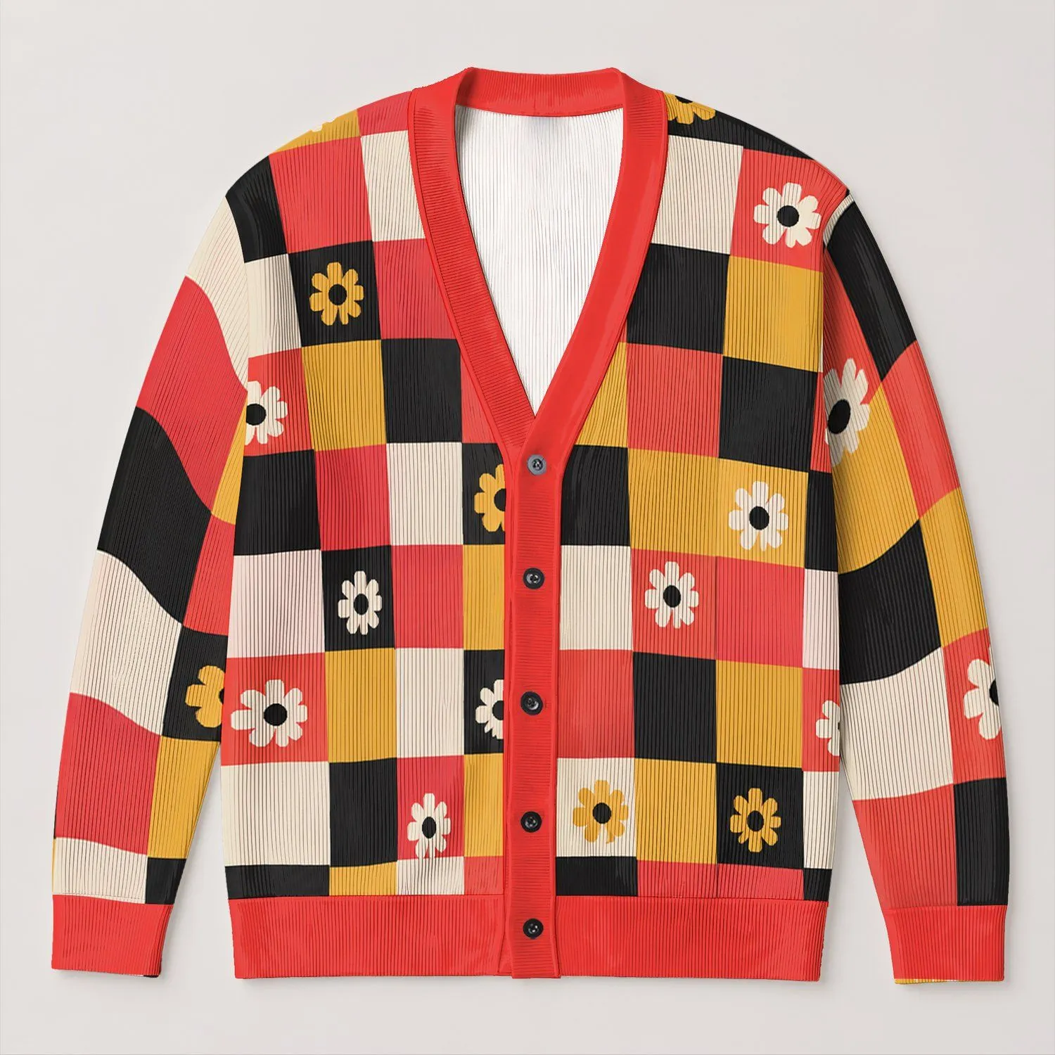 Daisy Checkered Autumn Style for Cozy Everyday Layering and Relaxed Seasonal Outings All-over Print Knitted Cardigan - 1