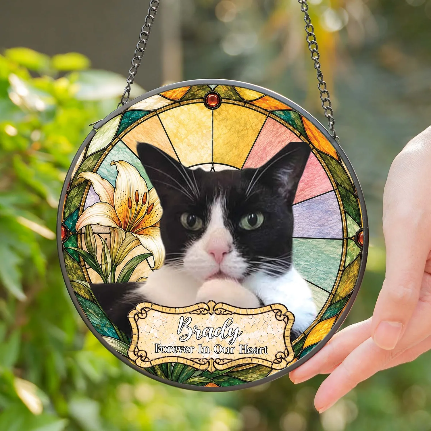 Personalized Cat Memorial Suncatcher – Custom Photo & Name Stained Glass Window Hanging, Pet Loss Gift - 1