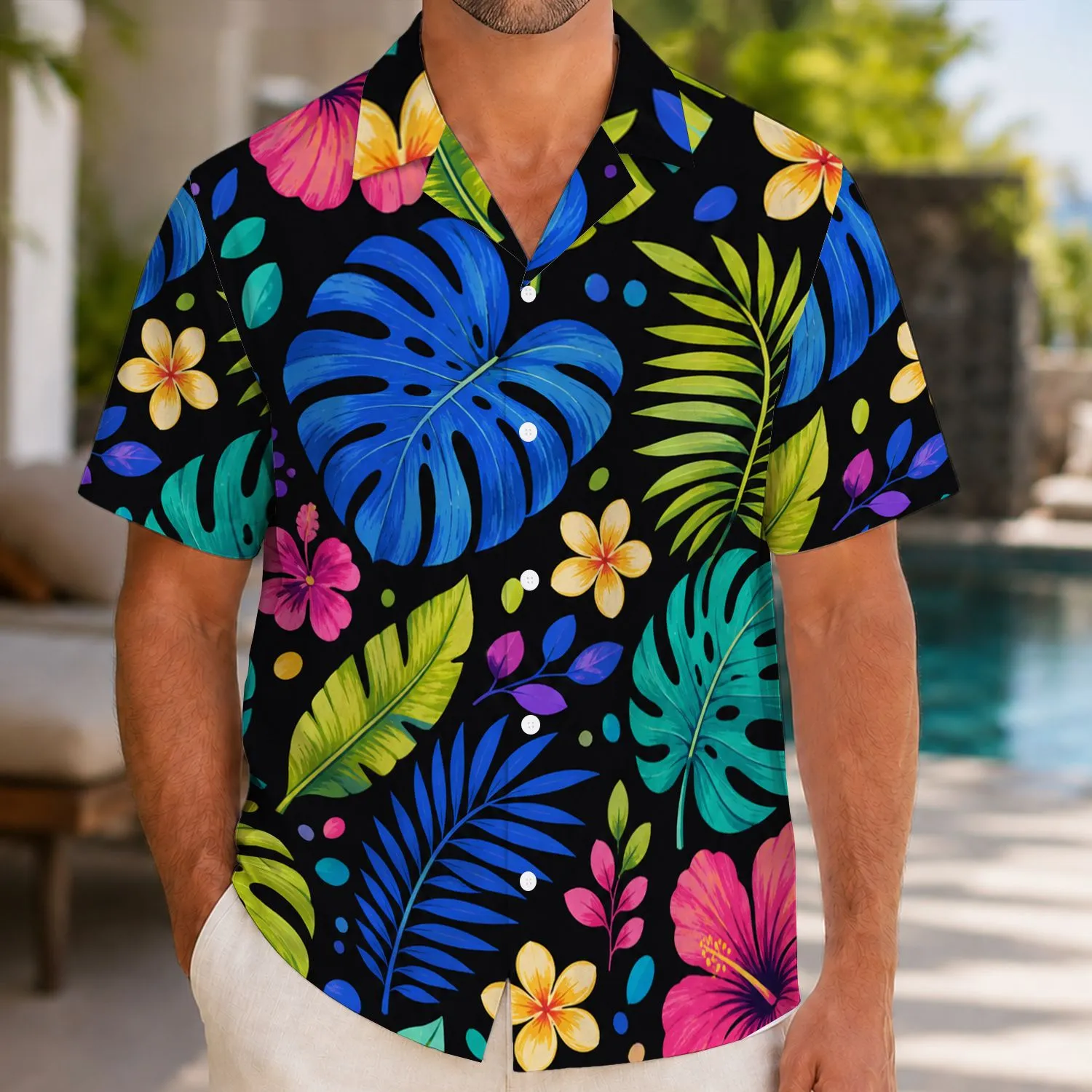 Colorful Tropical Leaves And Flowers For Poolside Vacations And Couples’ Getaways Hawaiian Shirt - 1