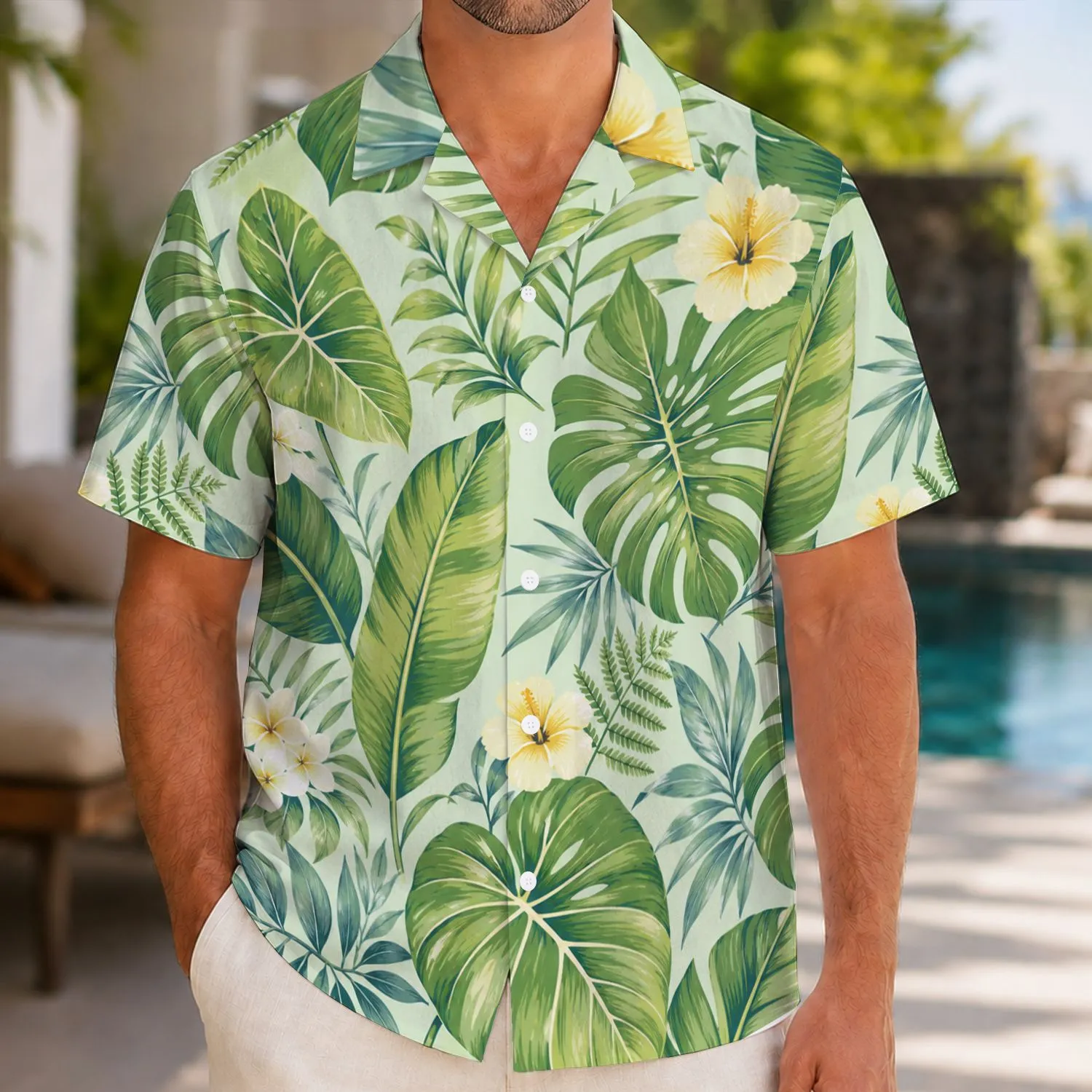 Green Tropical Leaf Family Vacation Outfit for Dad Mom and Kids Summer Island Getaway Hawaiian Shirt - 1