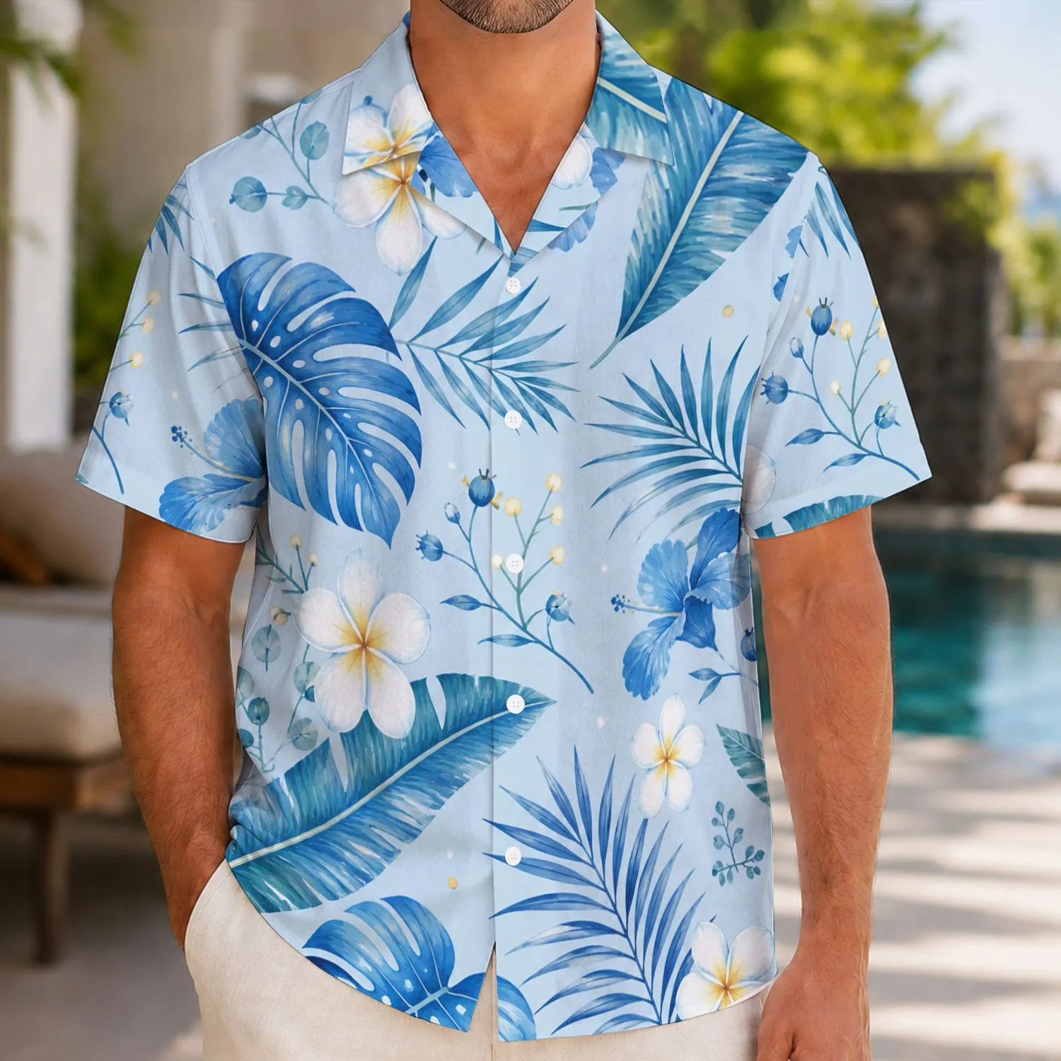 Blue Botanical Resort Leaves And Flowers For Matching Vacation Looks For Couples Hawaiian Shirt - 1
