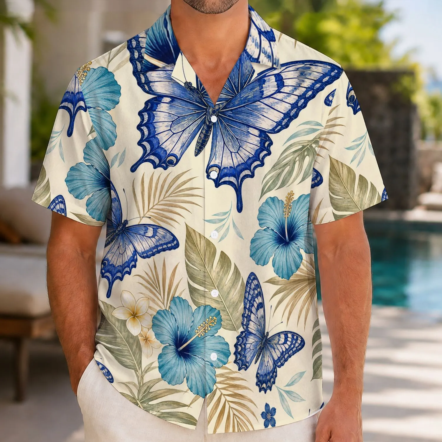 Blue Butterfly Hibiscus Island Style for Tropical Vacations and Relaxed Resort Weekends Hawaiian Shirt - 1