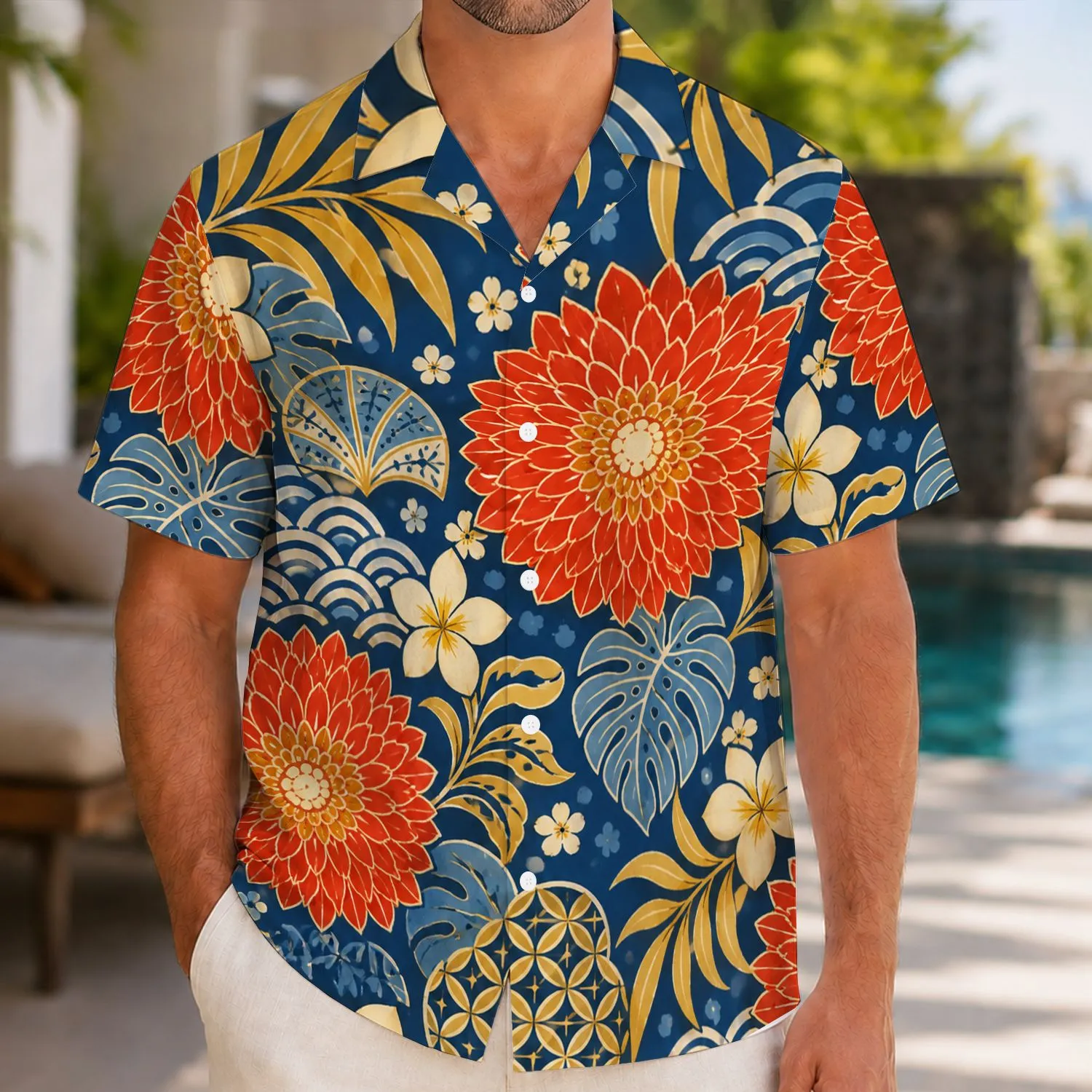 Blue Floral Resort Motifs with Geometric Waves for Vacation Style, Men’s Summer Layering Hawaiian Shirt - 1