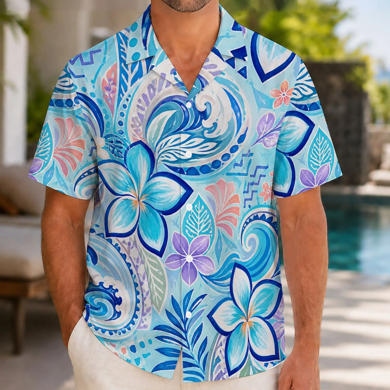 Aqua Plumeria And Geometric Island Motifs For Resort Vacations And Beach Getaways Hawaiian Shirt - 1