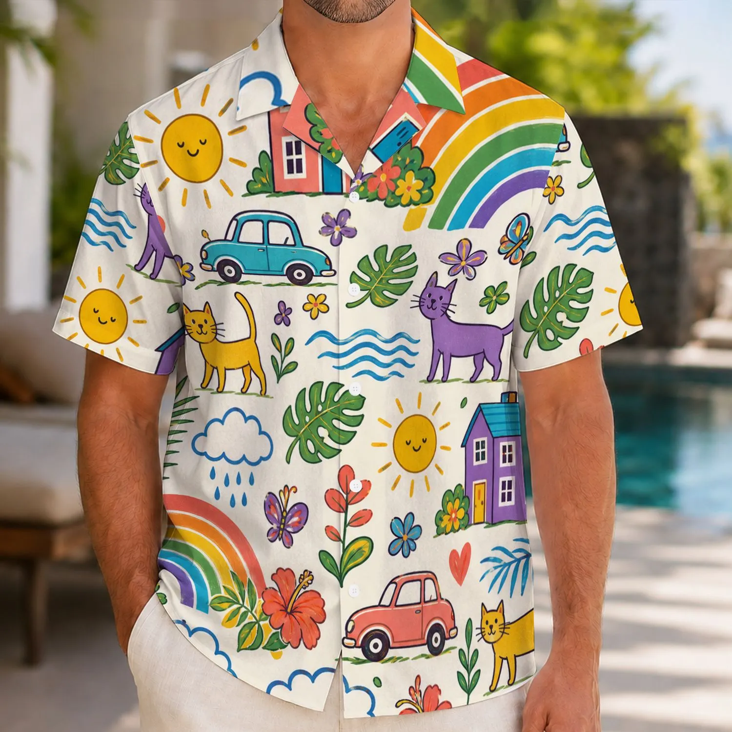 Rainbow Island Doodle Motifs for Sunny Vacation Days and Playful Weekend Outfits for Men Hawaiian Shirt - 1