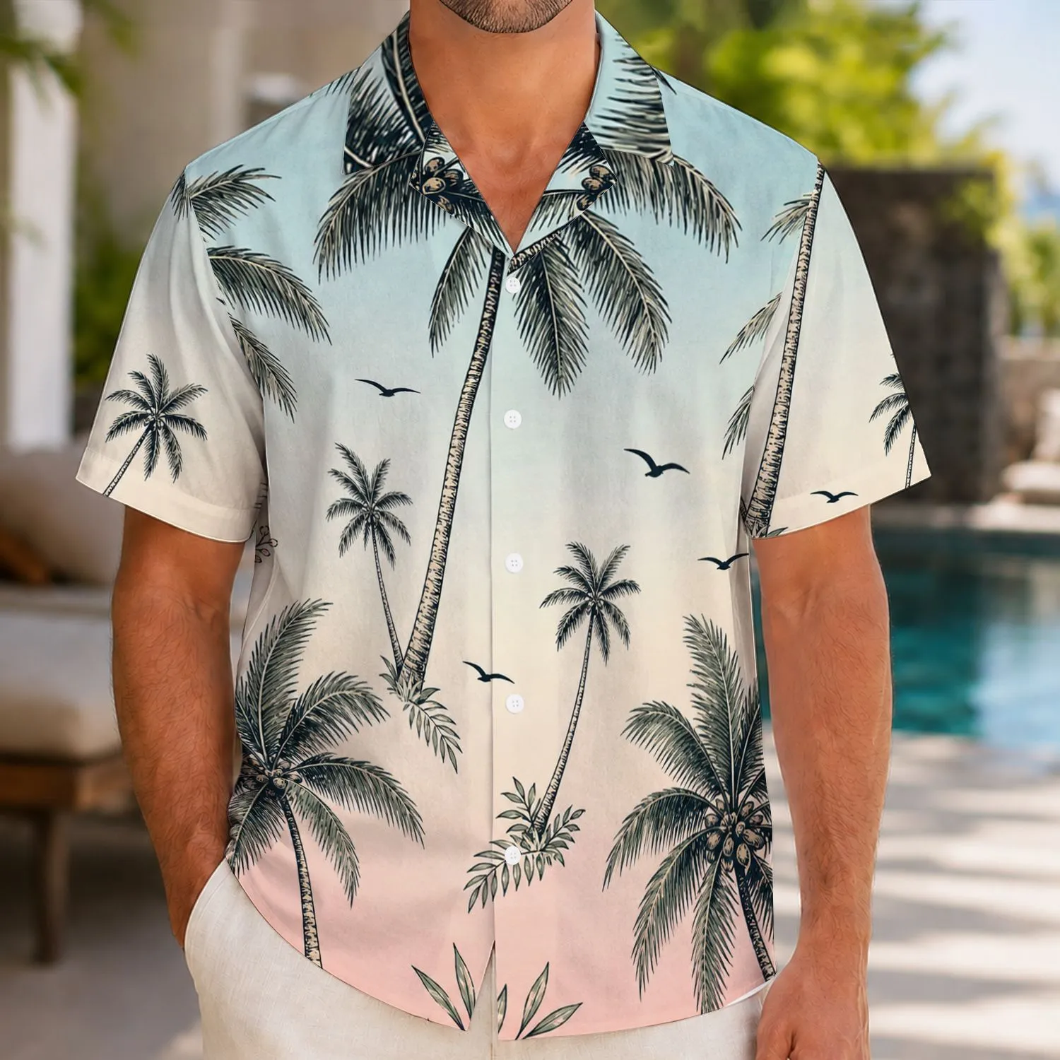 Palm Trees and Flying Birds for Island Getaways and Relaxed Summer Vacations for Men Hawaiian Shirt - 1