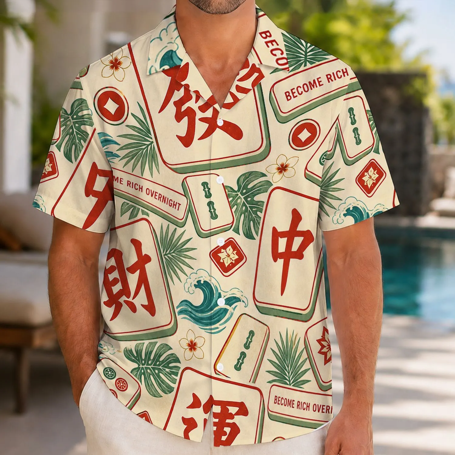 Red Mahjong Tiles and Fortune Symbols for Resort Holidays and Casual Summer Wear Men Hawaiian Shirt - 1