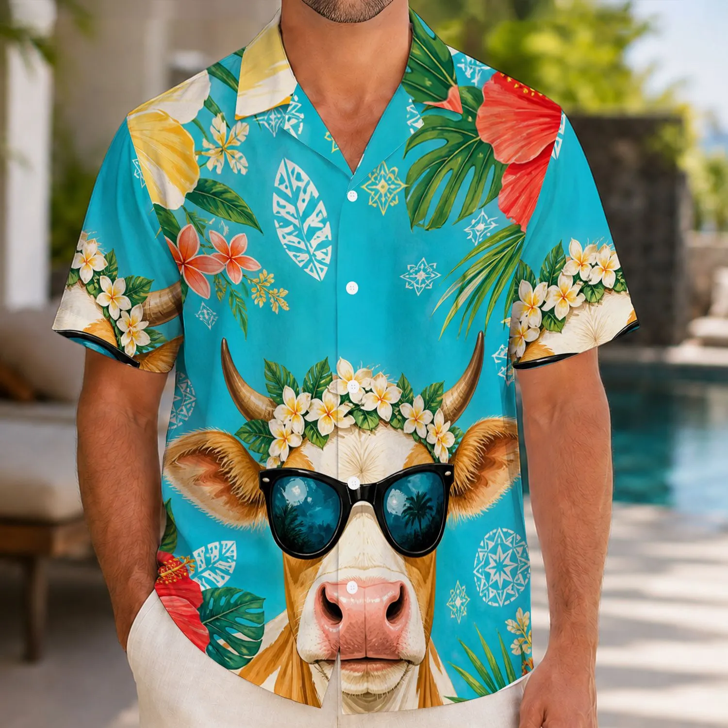 Cow Wearing Sunglasses Tropical Flowers for Beach Vacations and Summer Parties for Men Hawaiian Shirt - 1