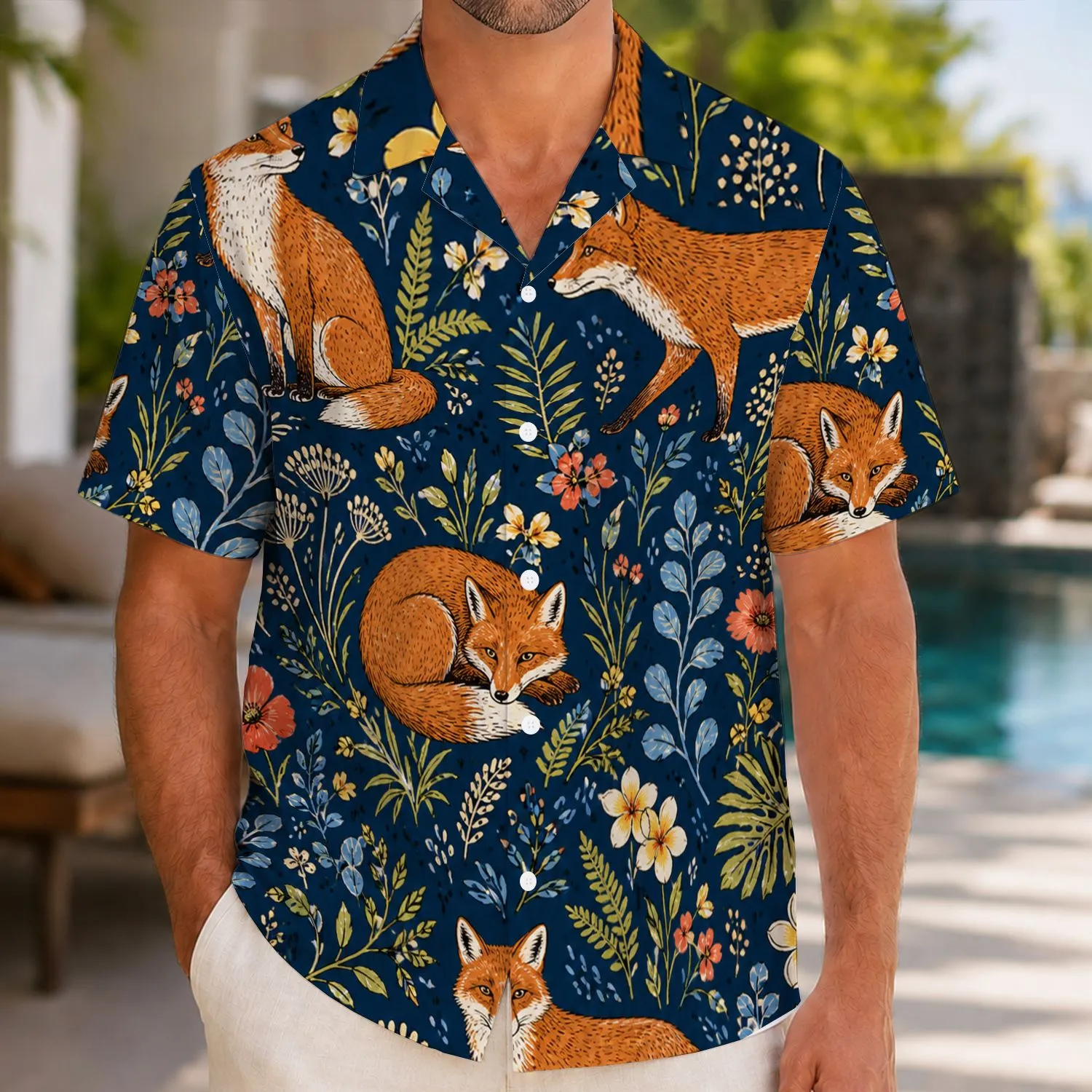 Orange Fox Wildflower Garden for Resort Vacations and Weekend Getaways Outdoors Hawaiian Shirt - 1