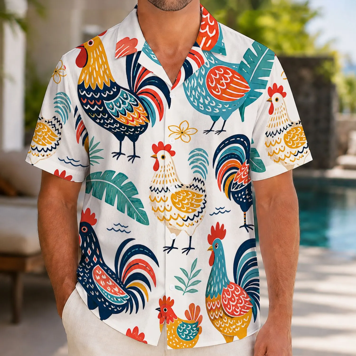 Colorful Folk Chickens for Sunny Island Getaways and Relaxed Summer Days for Men Hawaiian Shirt - 1