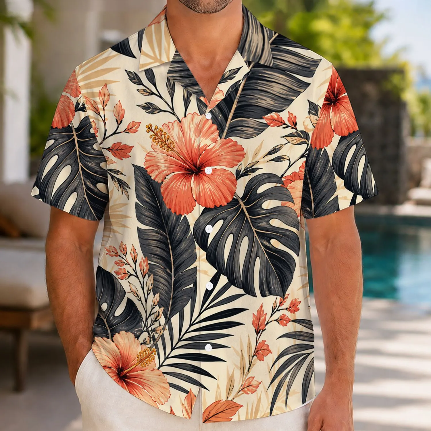Coral Hibiscus And Charcoal Tropical Leaves For Sunny Island Getaways And Resort Days Hawaiian Shirt - 1