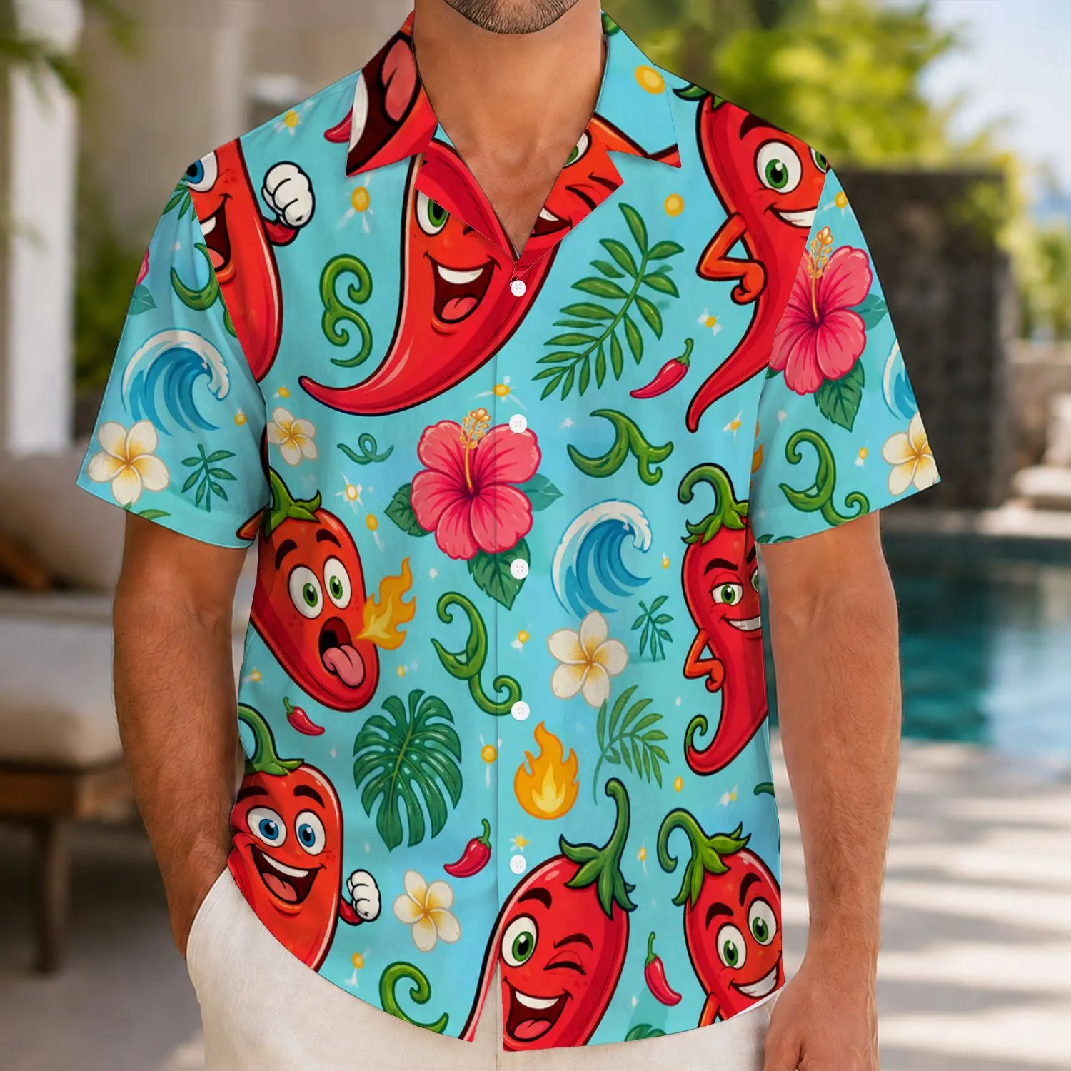Bold Cartoon Chili Pepper Characters for Beach Holidays and Summer Parties for Men Hawaiian Shirt - 1