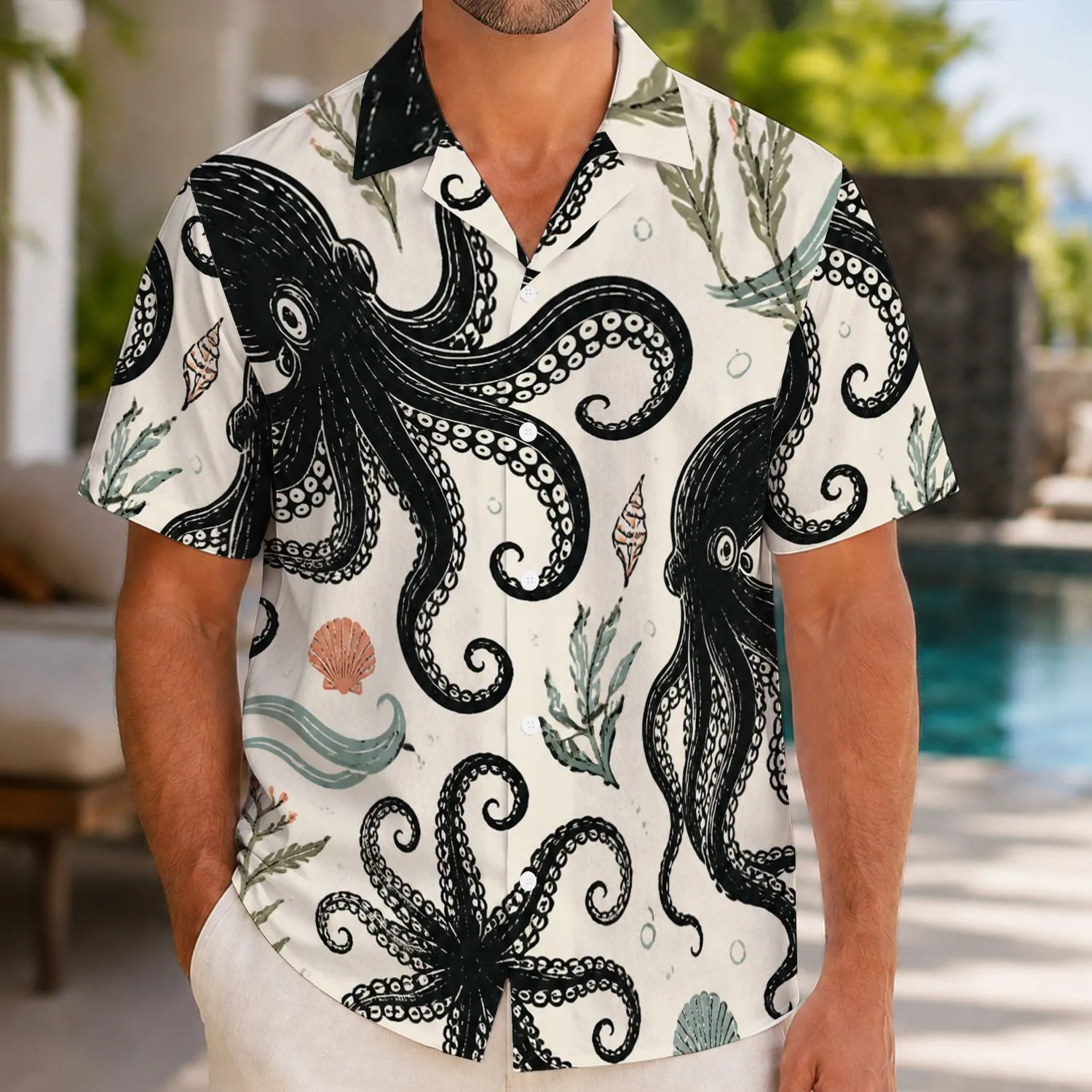 Black and White Octopus Ocean Motifs for Beach Days and Coastal Getaways for Men Hawaiian Shirt - 1