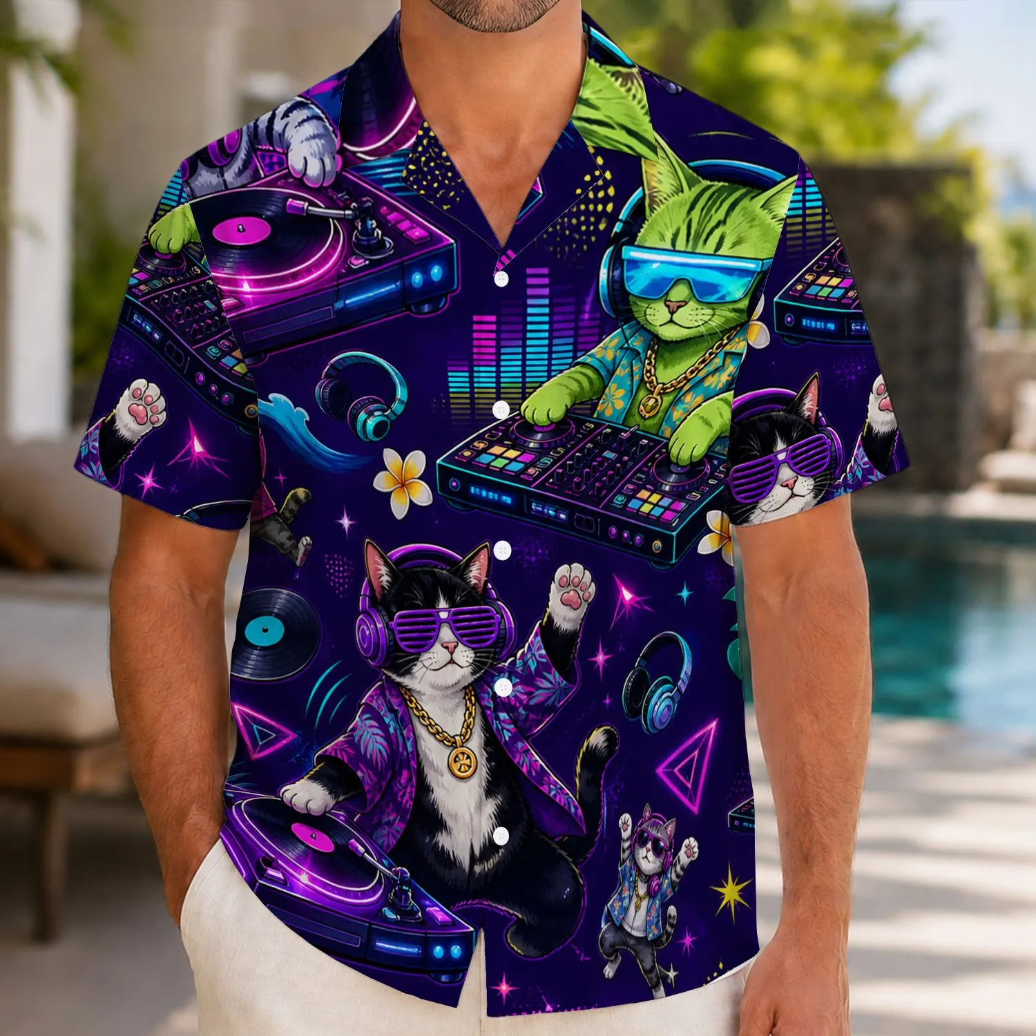 Neon DJ Cats and Turntable Party Scene for Summer Music Festivals and Club Lovers Hawaiian Shirt - 1