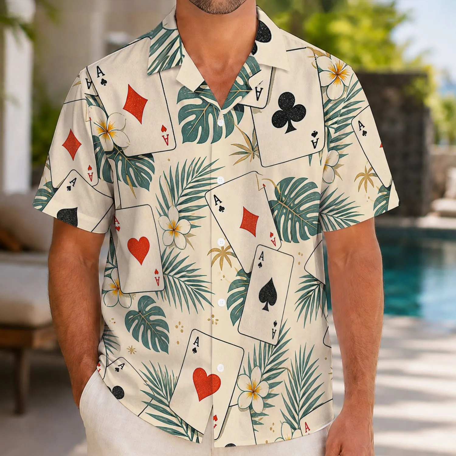 Ace Playing Cards and Tropical Palms for Casino Nights and Resort Weekends for Men Hawaiian Shirt - 1
