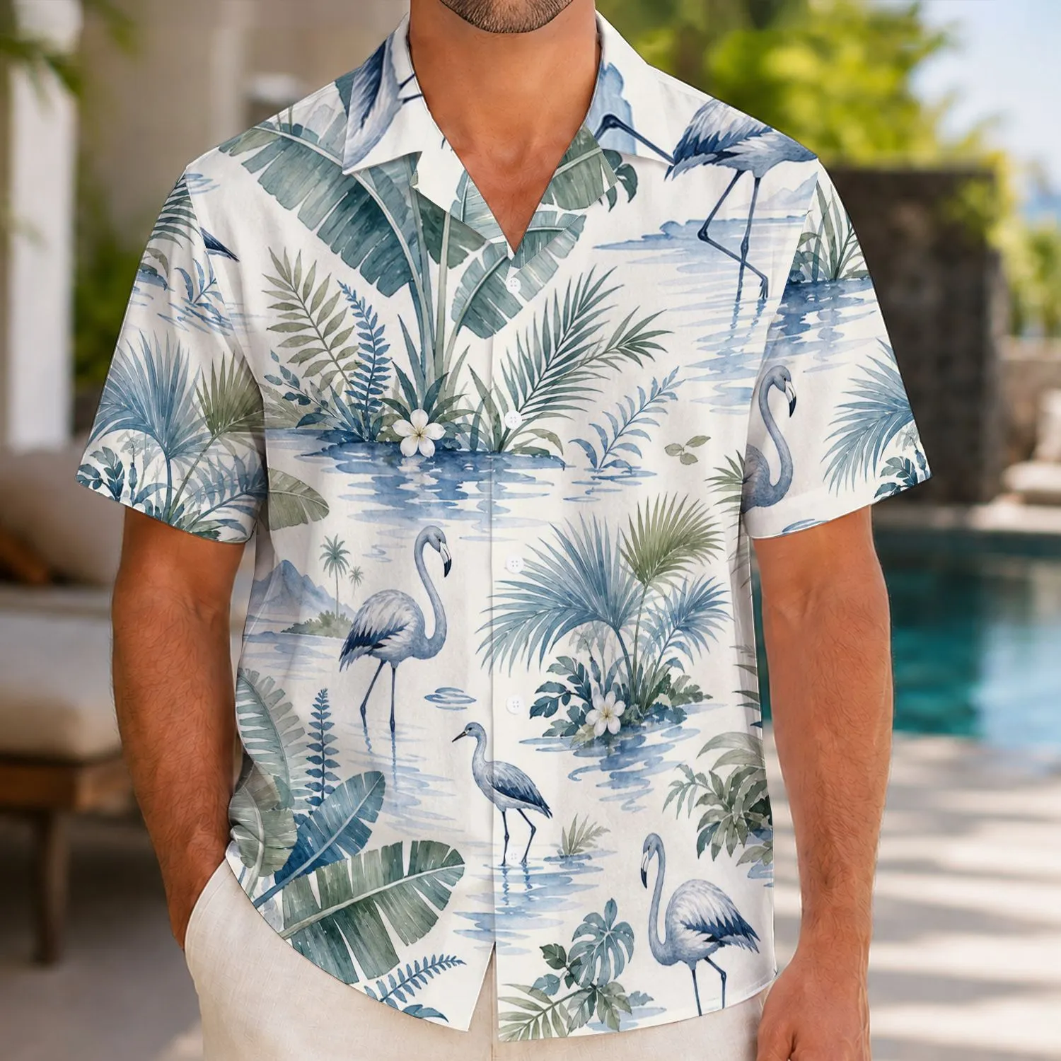 Blue Watercolor Flamingo Island Foliage for Resort Getaways and Coastal Weekend Style Hawaiian Shirt - 1