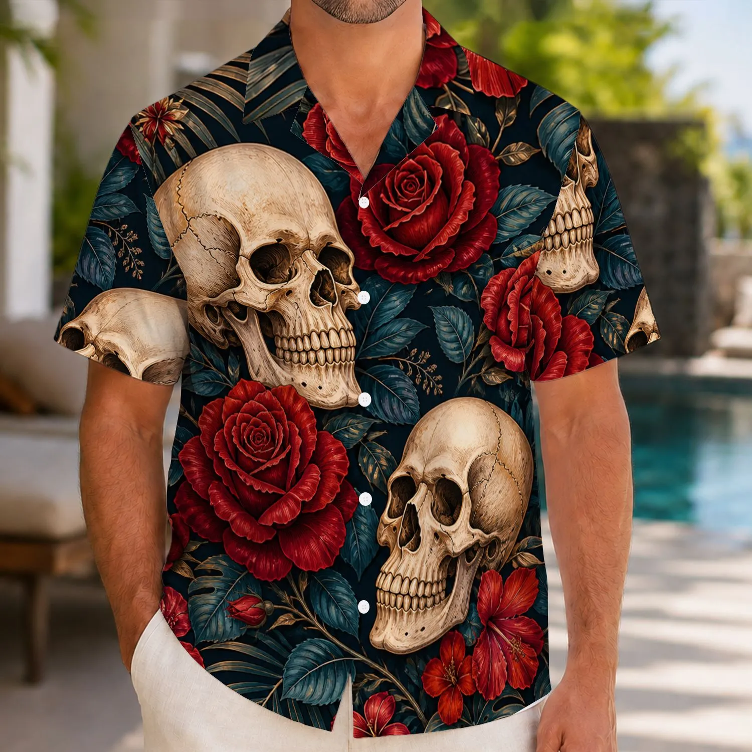 Skull And Red Rose Motifs For Bold Resort Evenings And Alternative Summer Style For Men Hawaiian Shirt - 1