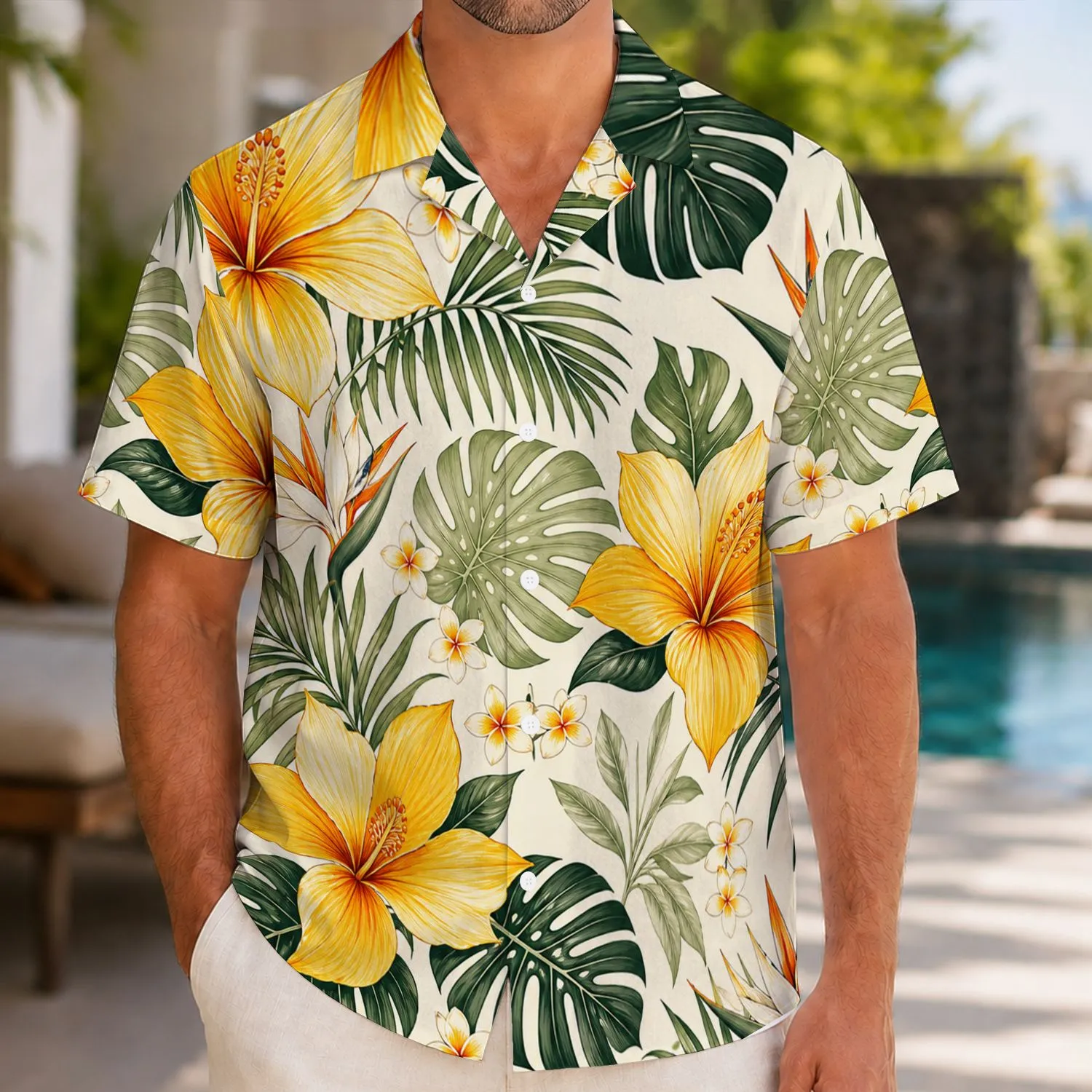 Tropical Palm Leaves And Golden Flowers For Beach Holidays And Relaxed Resort Getaways Hawaiian Shirt - 1