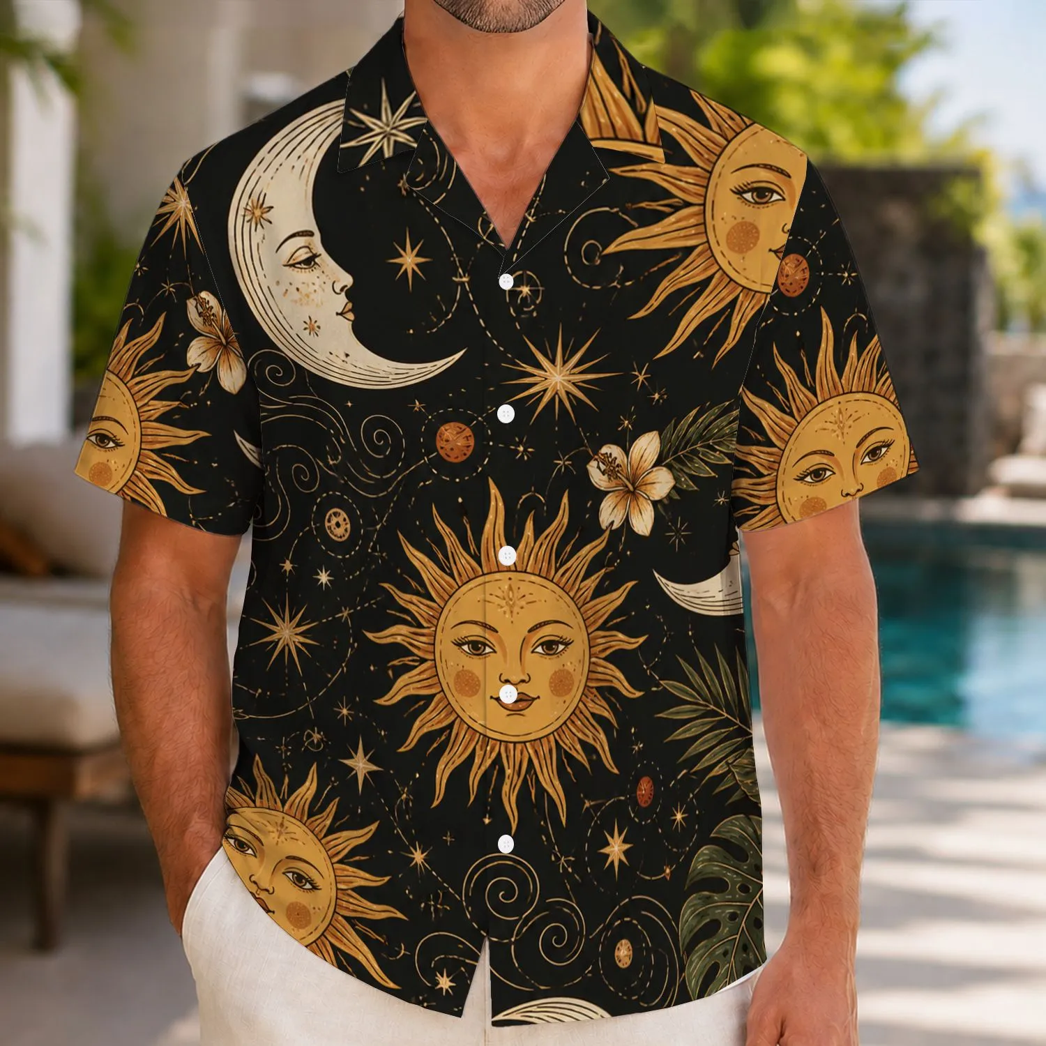 Celestial Sun Moon Star Motifs for Resort Nights, Summer Travel, and Vacation Wear Men Hawaiian Shirt - 1