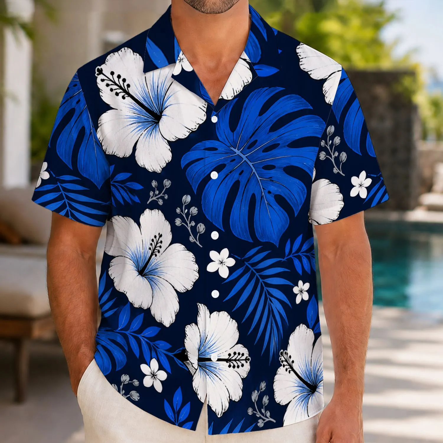 White Hibiscus and Cobalt Monstera for Tropical Beach Holidays and Resort Getaways for Men Hawaiian Shirt - 1