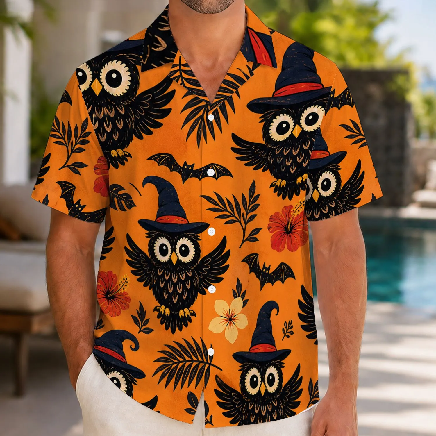 Witch Hat Owl and Bat Halloween Style for Festive Night Out, Men's Seasonal Gift Hawaiian Shirt - 1
