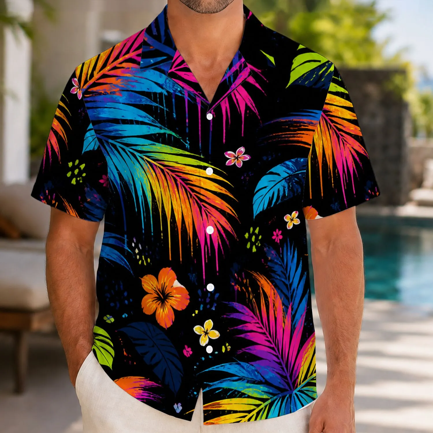 Neon Graffiti Palm Leaves for Beach Parties, Festivals, and Streetwear Style Men Hawaiian Shirt - 1