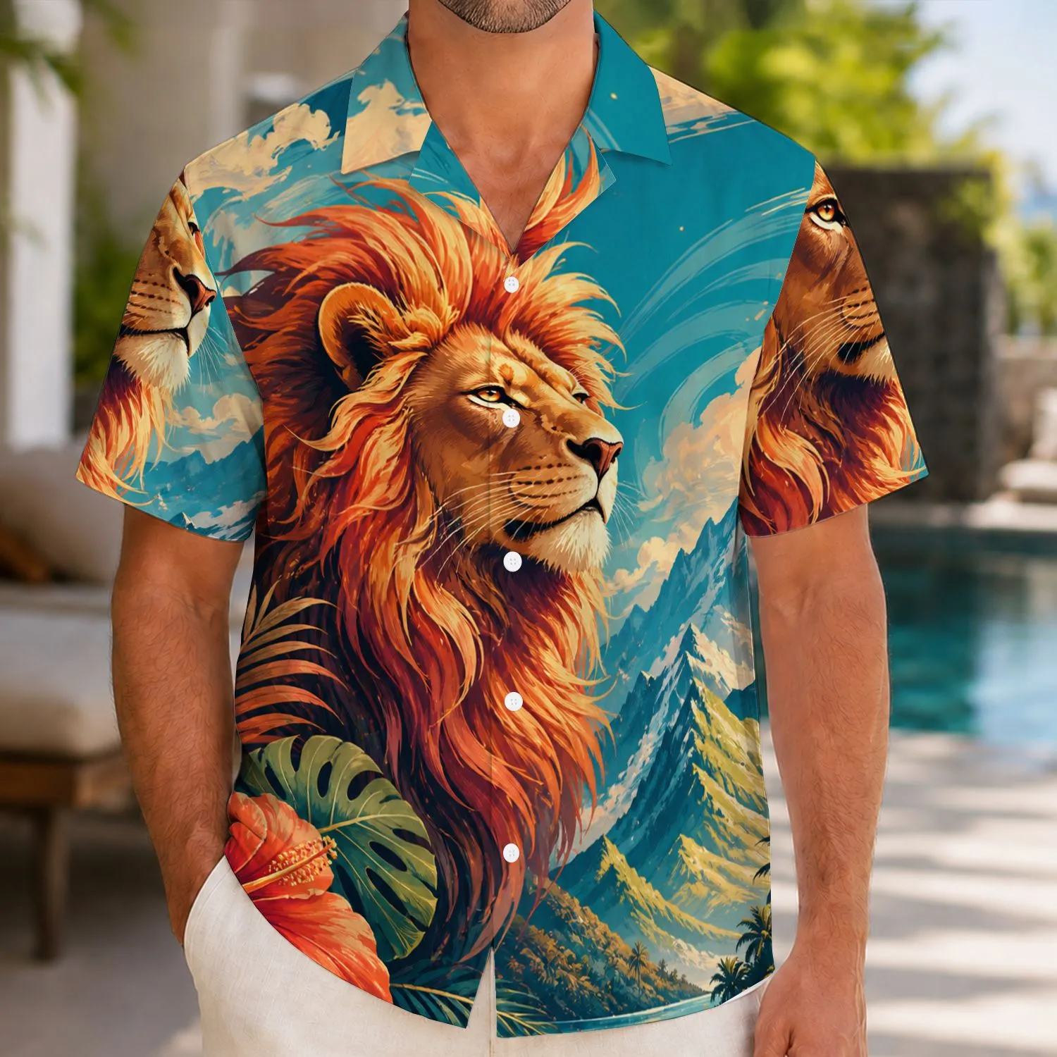 Majestic Lion Mountain Valley Scene for Resort Adventures, Travel, and Streetwear Men Hawaiian Shirt - 1