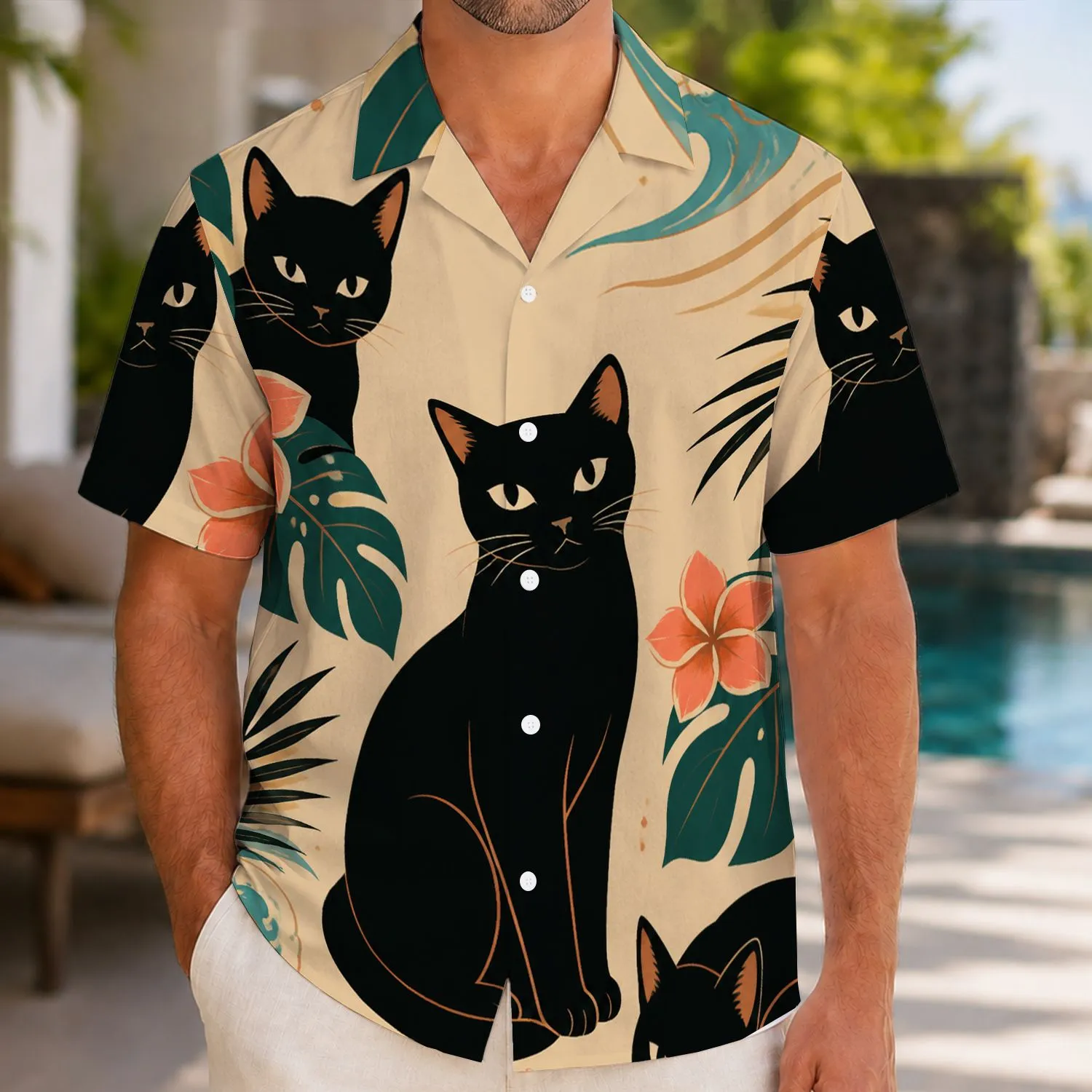 Black Cat Trio With Tropical Leaves For Summer Vacation Lounging And Cat Lover Gifts Hawaiian Shirt - 1