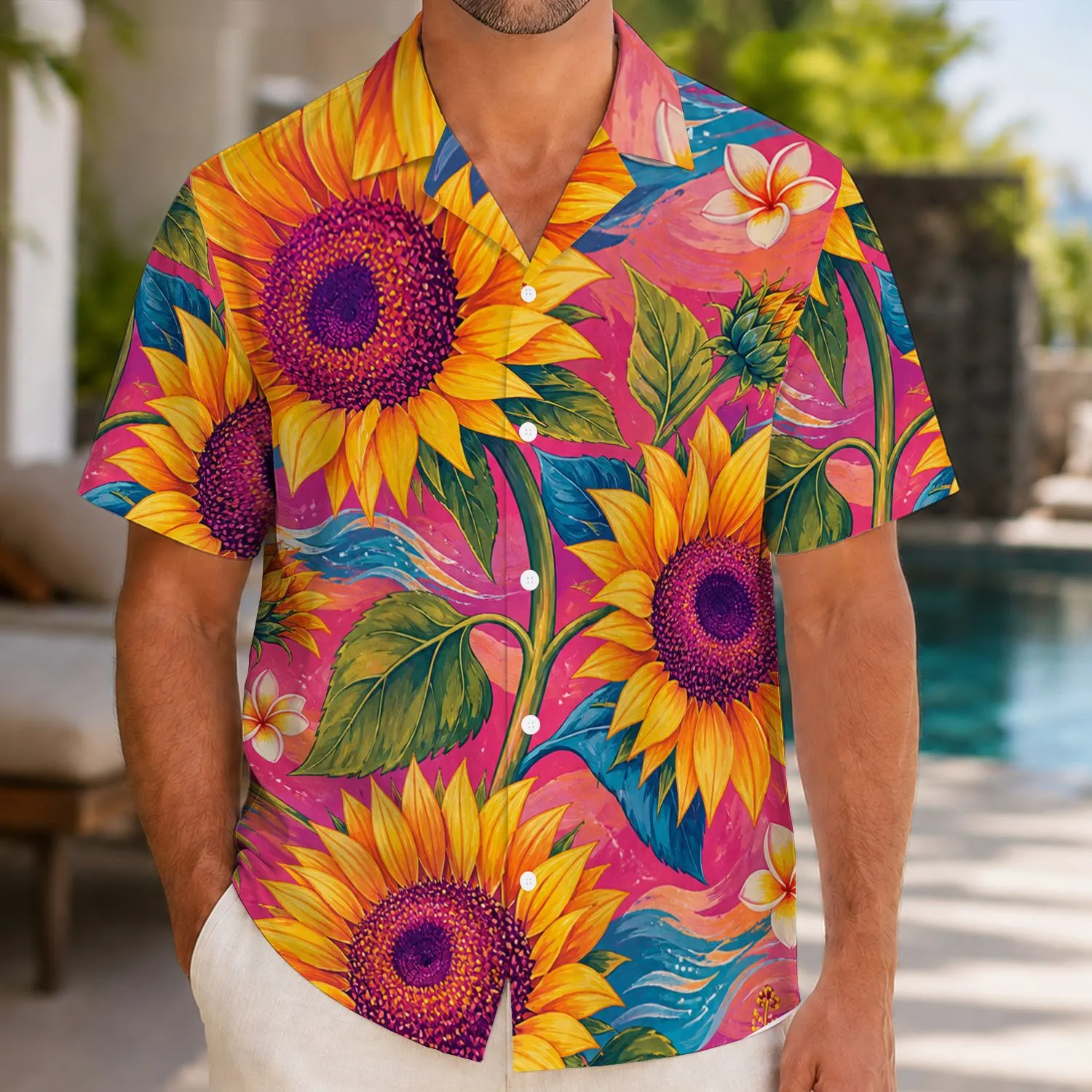 Colorful Sunflowers And Tropical Leaves For Island Vacations And Summer Festival Style Hawaiian Shirt - 1