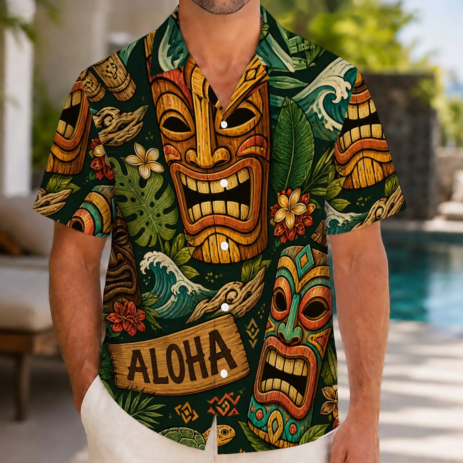 Retro Tiki Masks and Aloha Motifs for Beach Parties and Island Vacation Style Men Hawaiian Shirt - 1