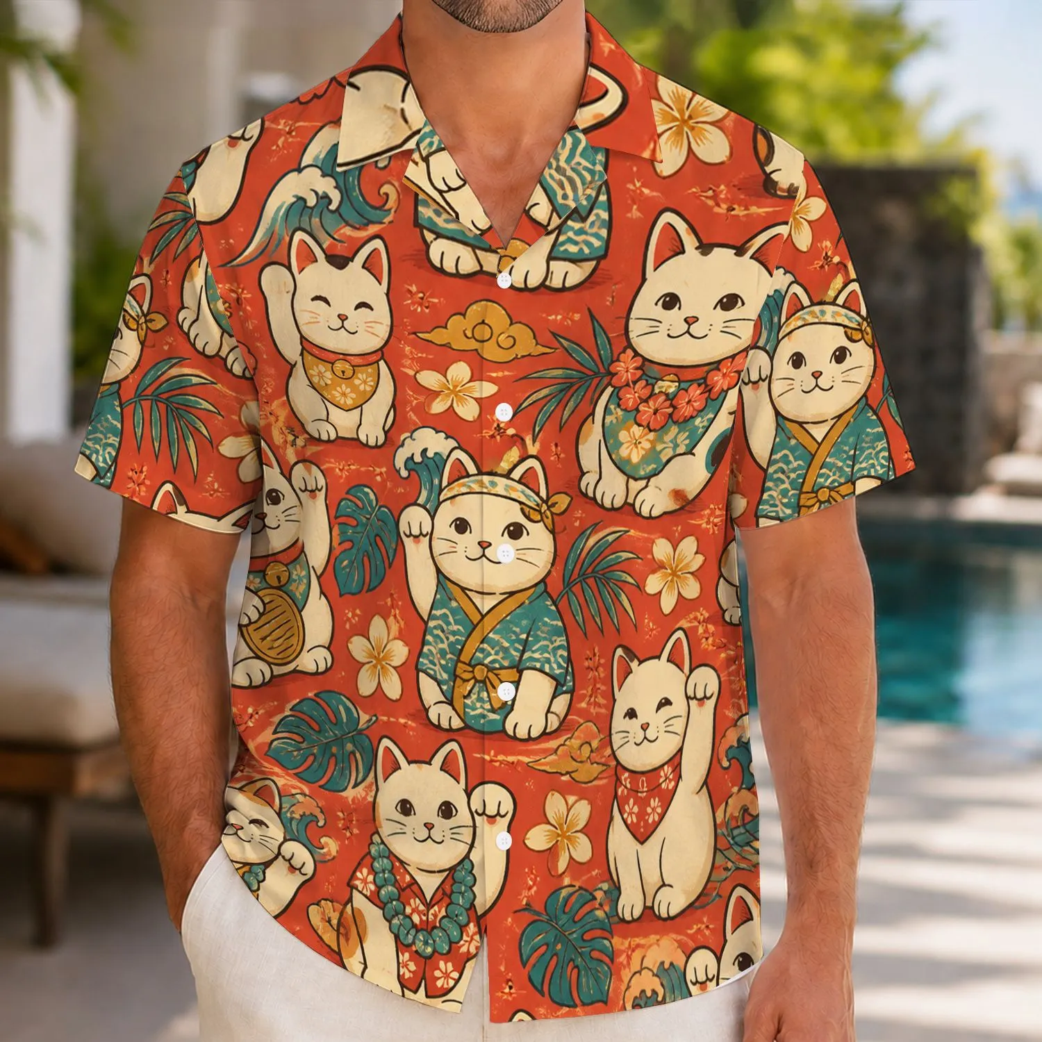 Lucky Cat Market Motifs For Tropical Vacations And Summer Festivals, Casual Men's Style Hawaiian Shirt - 1
