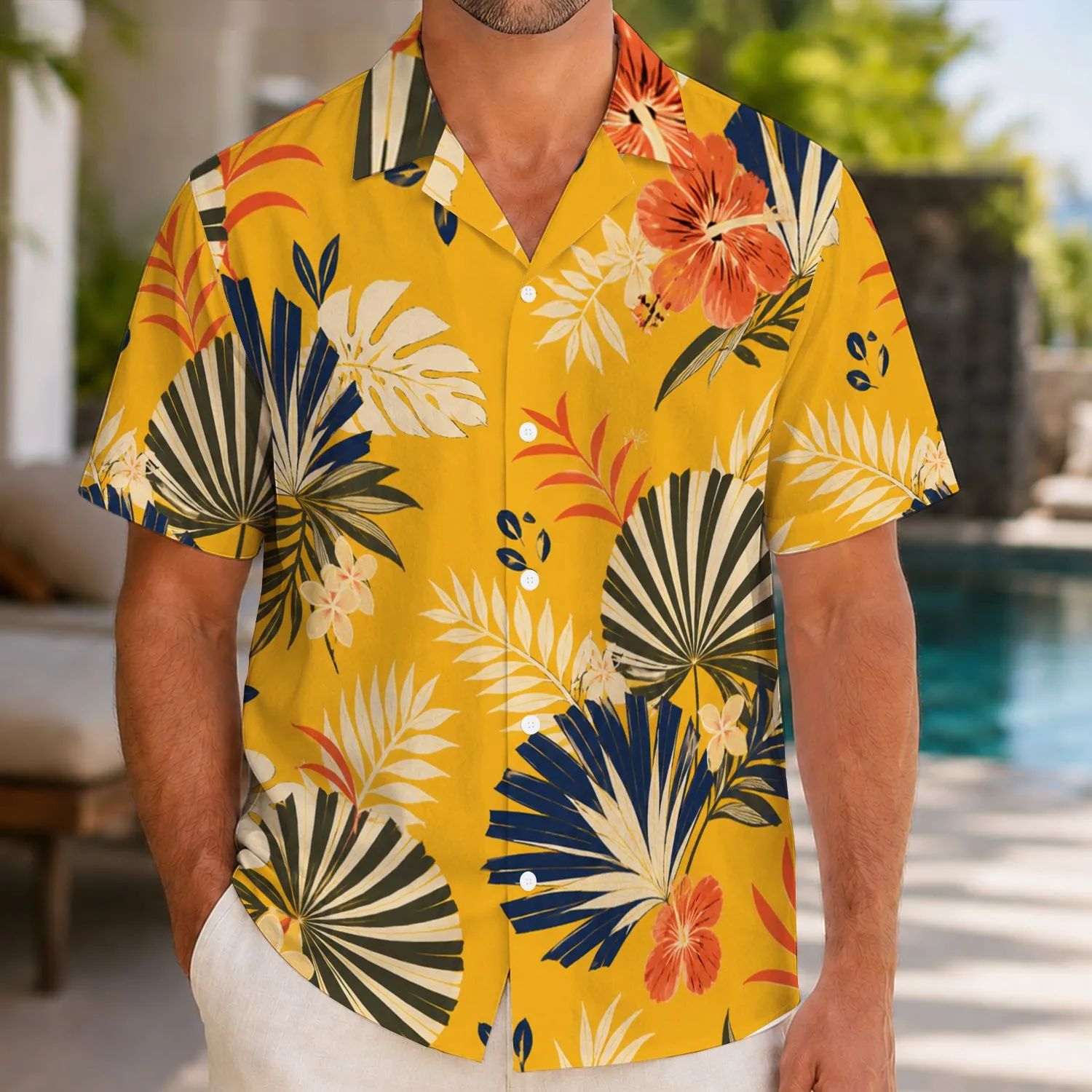 Mustard Tropical Leaves and Navy Blossoms for Men's Resort Parties and Summer Getaways Hawaiian Shirt - 1