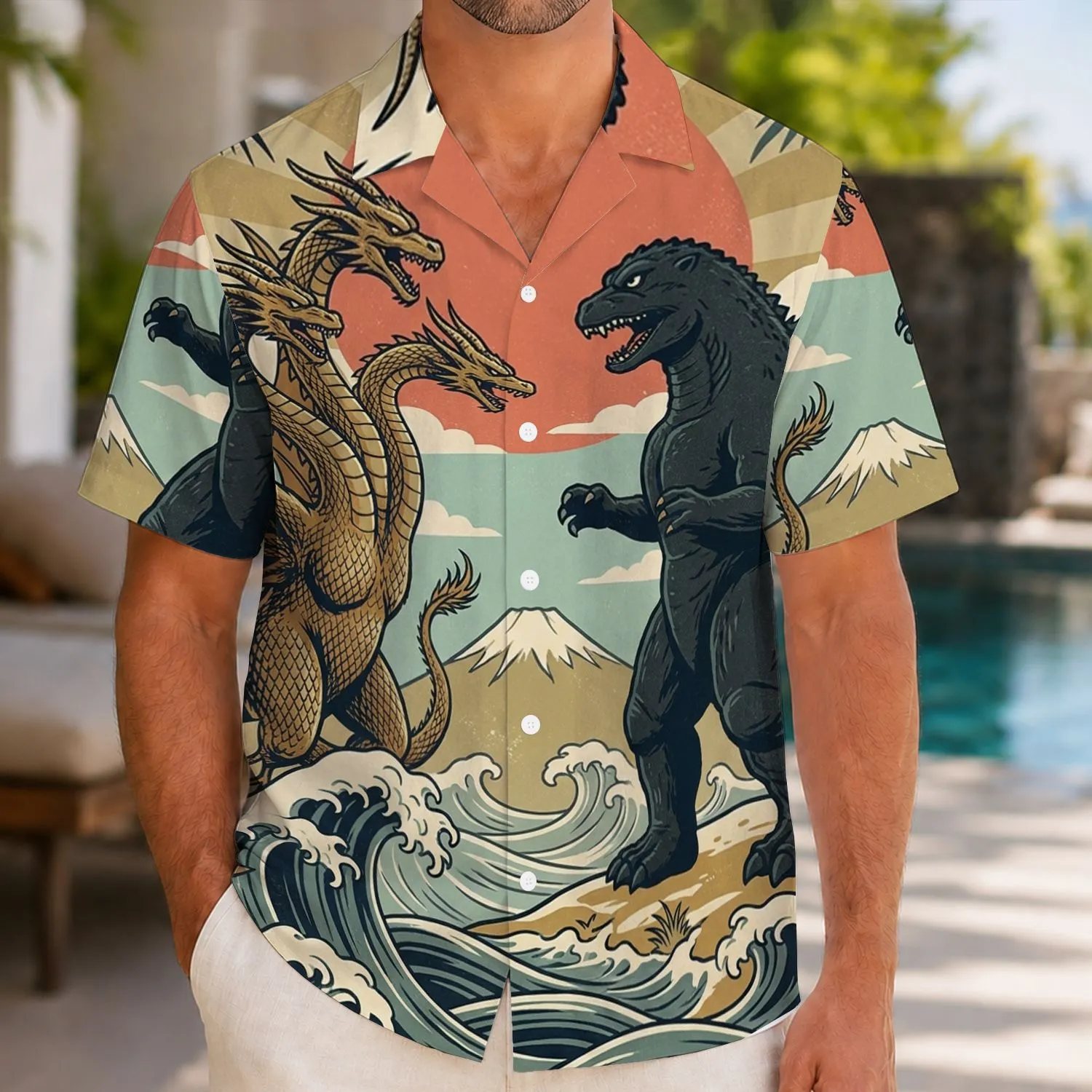 Retro Three-Headed Dragon Sea Monster Beach Gift for Kaiju Fans and Summer Travelers Hawaiian Shirt - 1